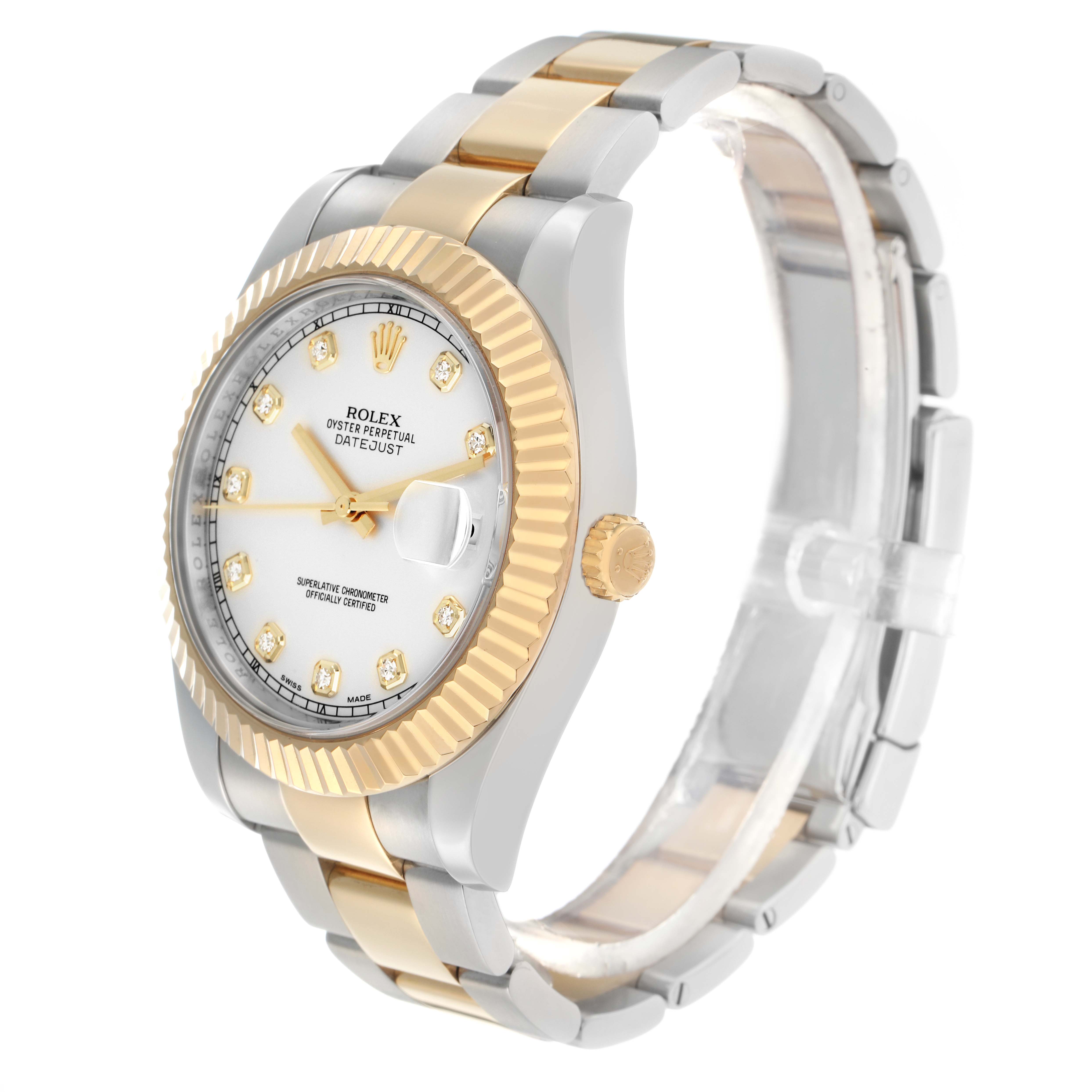 The Rolex Datejust 41 116333 Men
s Steel and Gold (two tone) Silver Dial is shown at a three-quarter angle, displaying the face, bezel, crown, and bracelet.