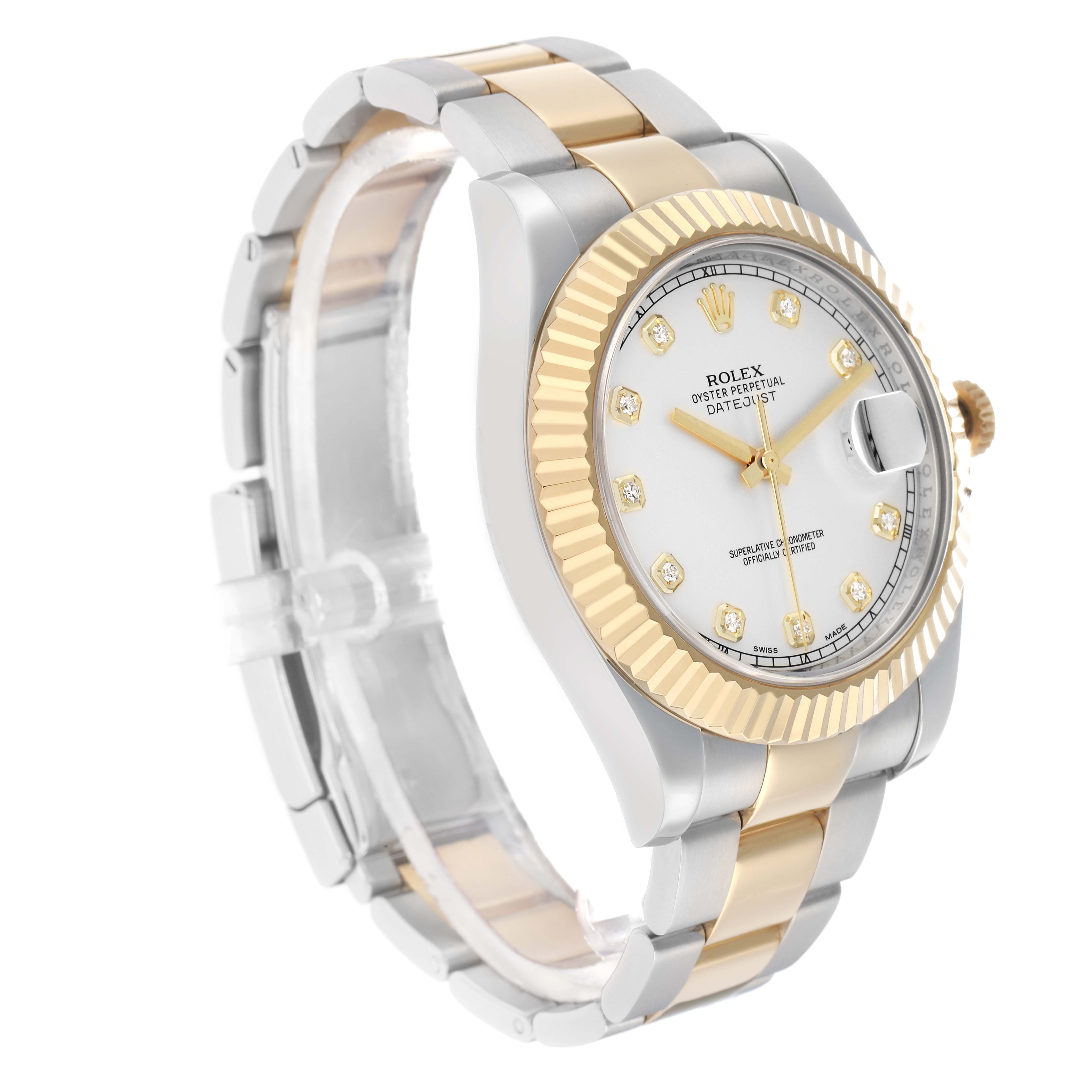 The Rolex Datejust 41 116333 Men
s Steel and Gold (two tone) Silver Dial is shown at a slight angle, highlighting the gold-silver bracelet, fluted bezel, and white dial with diamond hour markers.