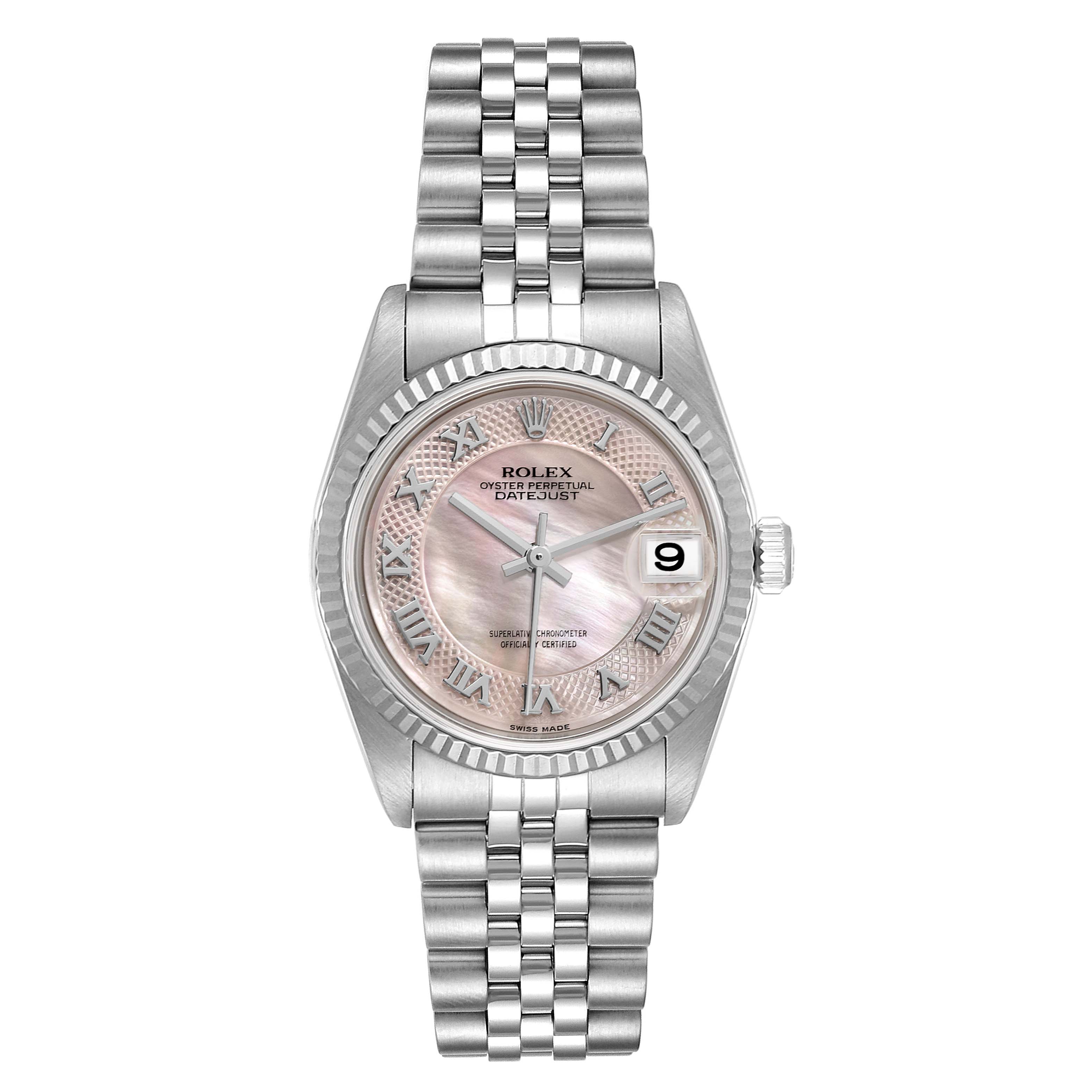 The Rolex Mid-Size 78274 Women
s Stainless Steel Mother of Pearl Dial 78274 Women
s Stainless Steel Mother of Pearl Dial Datejust watch is shown from a front angle, featuring its face, bezel, crown, and bracelet.