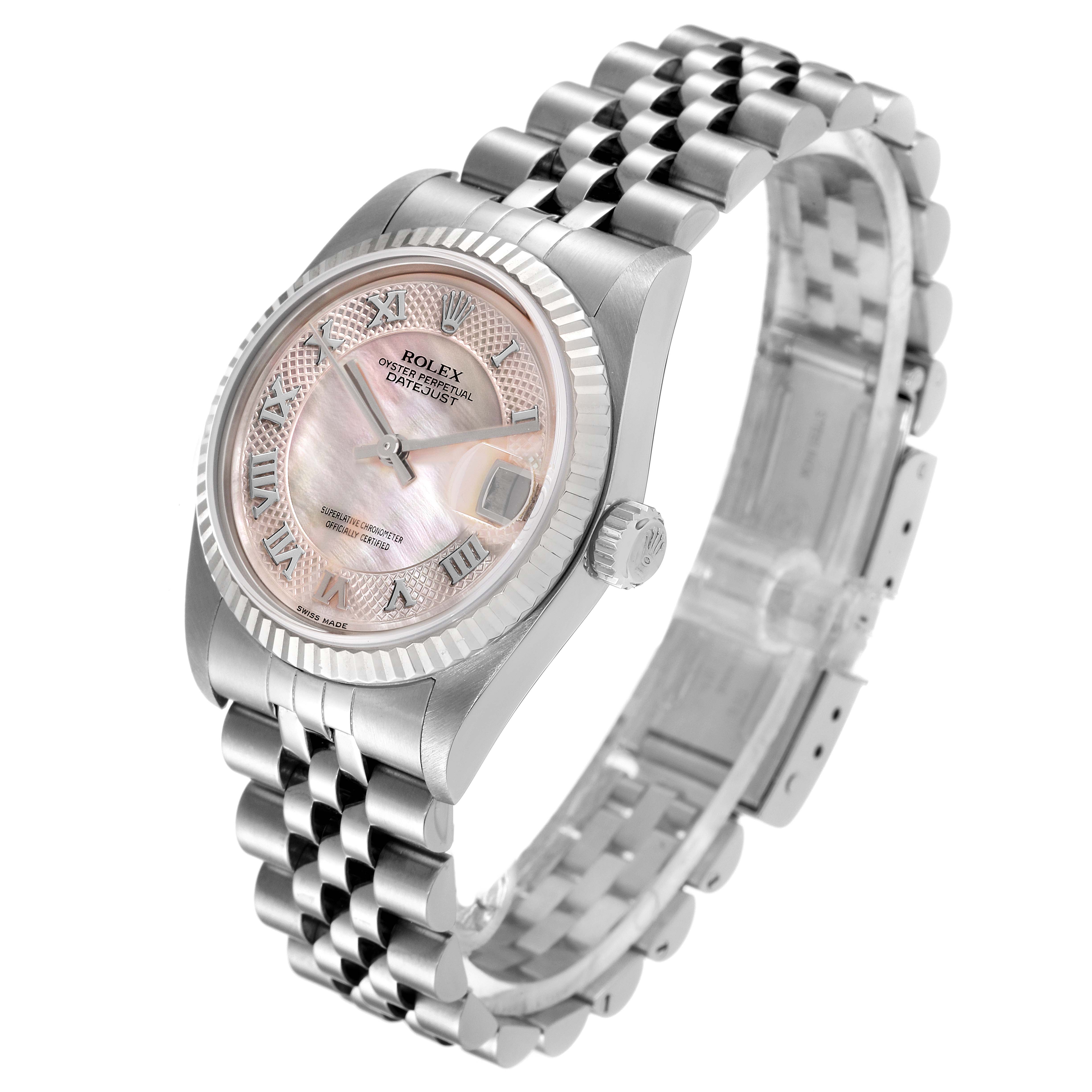 The image shows a Rolex Mid-Size 78274 Women
s Stainless Steel Mother of Pearl Dial 78274 Women
s Stainless Steel Mother of Pearl Dial Oyster Perpetual Datejust watch at a three-quarter angle, displaying the face, bezel, and bracelet.