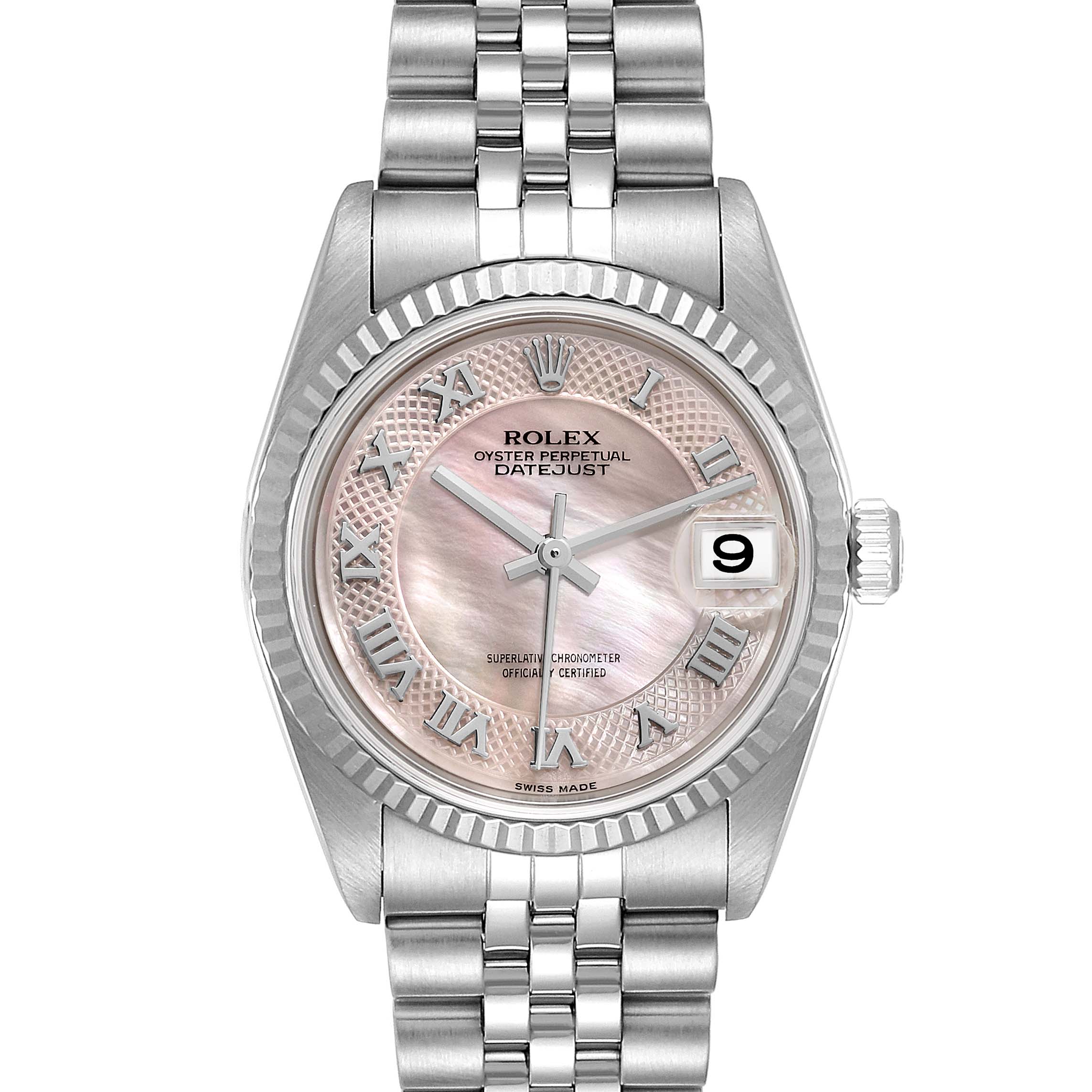 This image shows a front view of the Rolex Mid-Size 78274 Women
s Stainless Steel Mother of Pearl Dial 78274 Women
s Stainless Steel Mother of Pearl Dial Oyster Perpetual Datejust watch, highlighting the face, bezel, and bracelet.