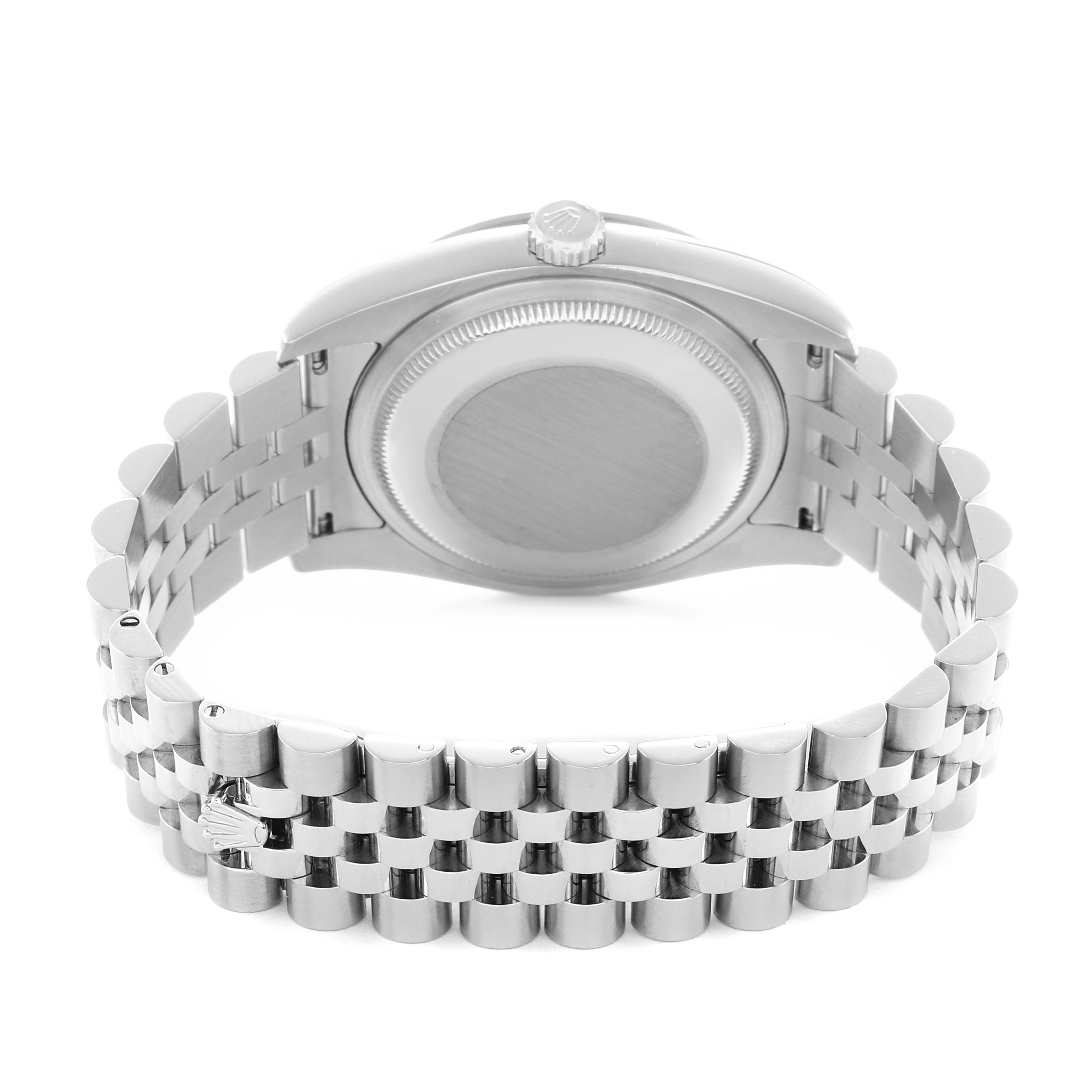 The image shows the back view of a Rolex Datejust 116244 Men
s Stainless Steel Mother of Pearl Dial watch, highlighting the case back and bracelet.