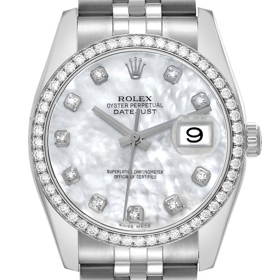 The Rolex Datejust 116244 Men's Stainless Steel Mother of Pearl Dial watch is shown from the front, highlighting its diamond bezel, mother-of-pearl dial, and cyclops lens over the date.