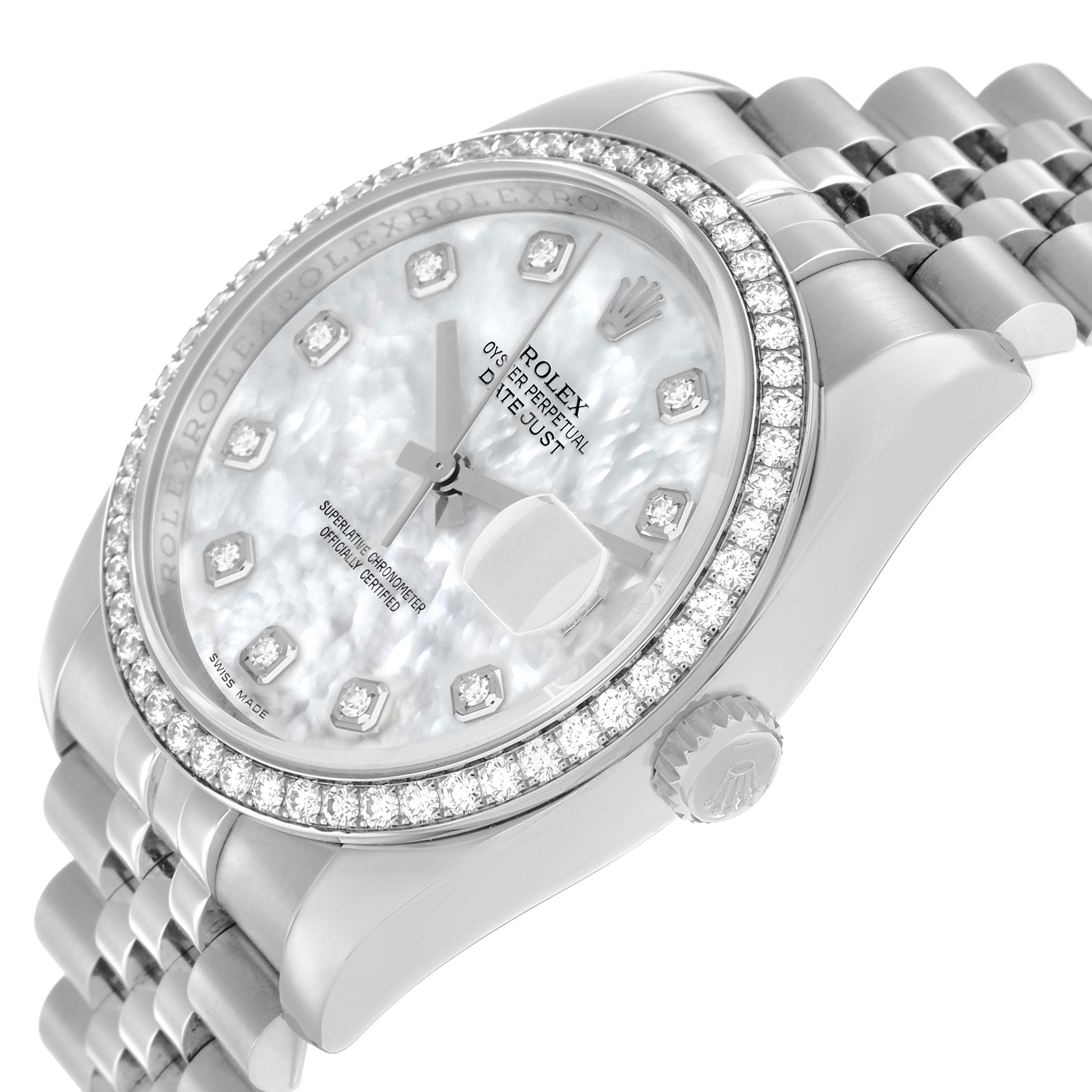 The Rolex Datejust 116244 Men
s Stainless Steel Mother of Pearl Dial watch is shown at an angled side view, revealing the dial, diamond bezel, bracelet, and crown.