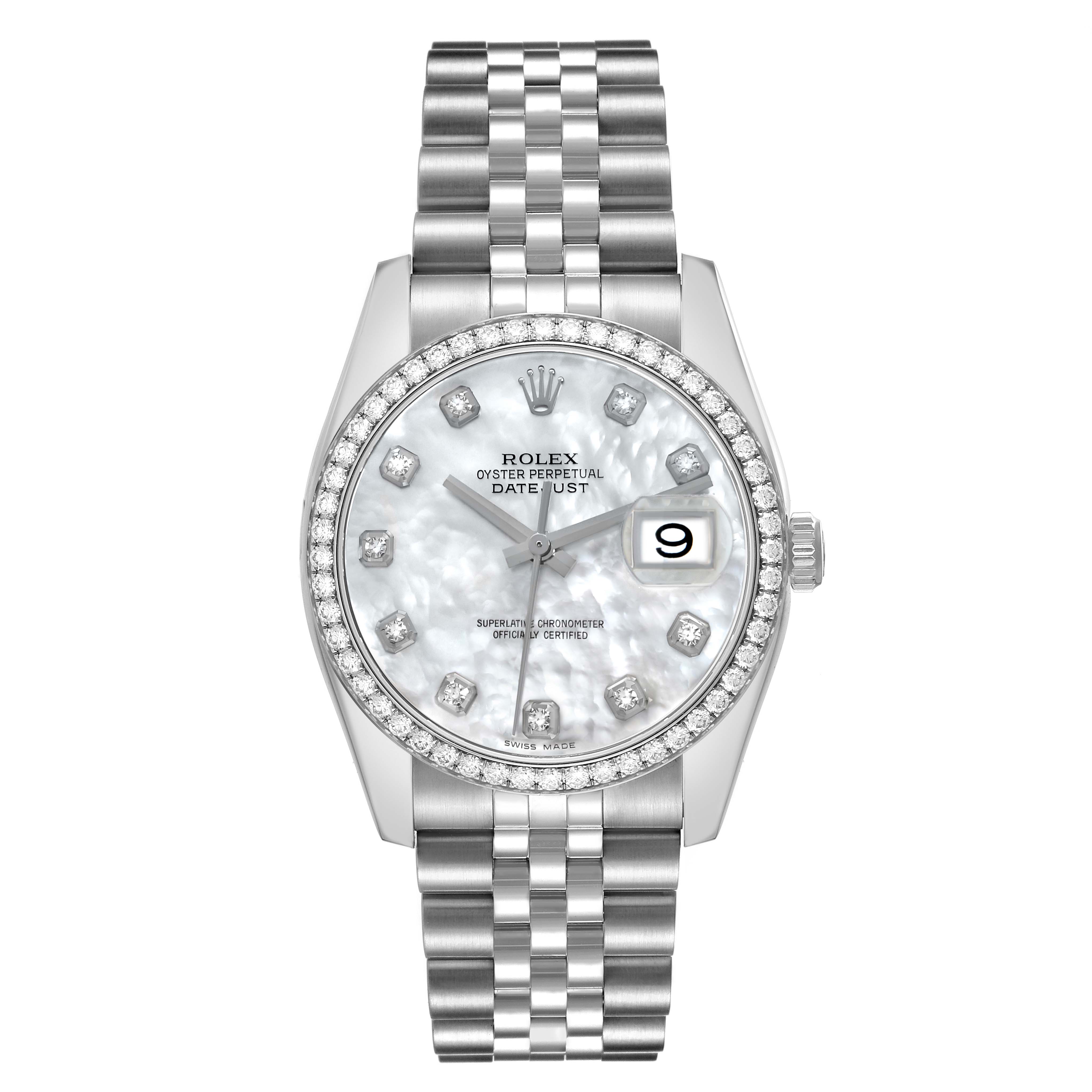 The Rolex Datejust 116244 Men
s Stainless Steel Mother of Pearl Dial watch is shown from a top-down angle, highlighting the face, bezel, and bracelet.