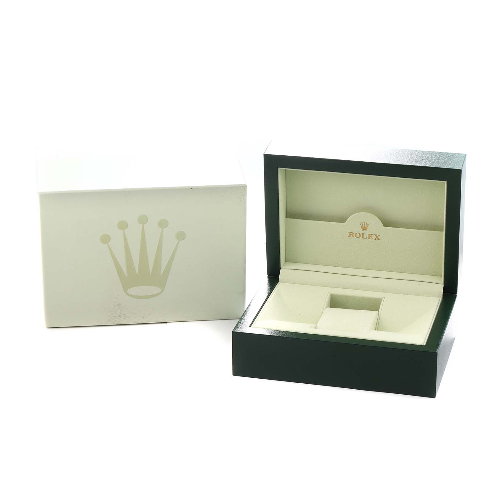 The image shows a Rolex Datejust 116244 Men
s Stainless Steel Mother of Pearl Dial watch box and outer box prominently displaying the brand logo and name.