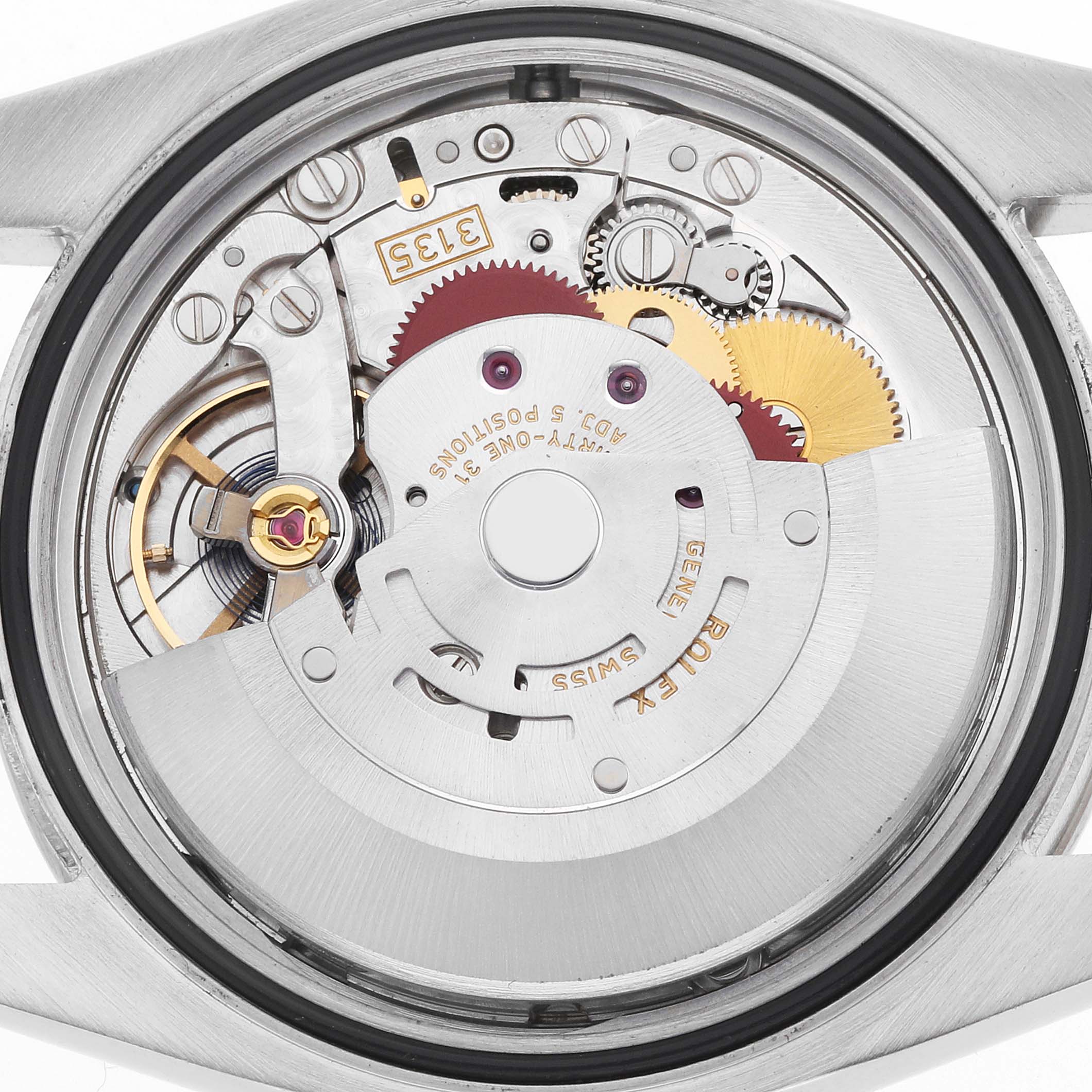 The image shows the movement of a Rolex Datejust 116244 Men
s Stainless Steel Mother of Pearl Dial watch from a top-down angle, revealing gears and components inside the caseback.