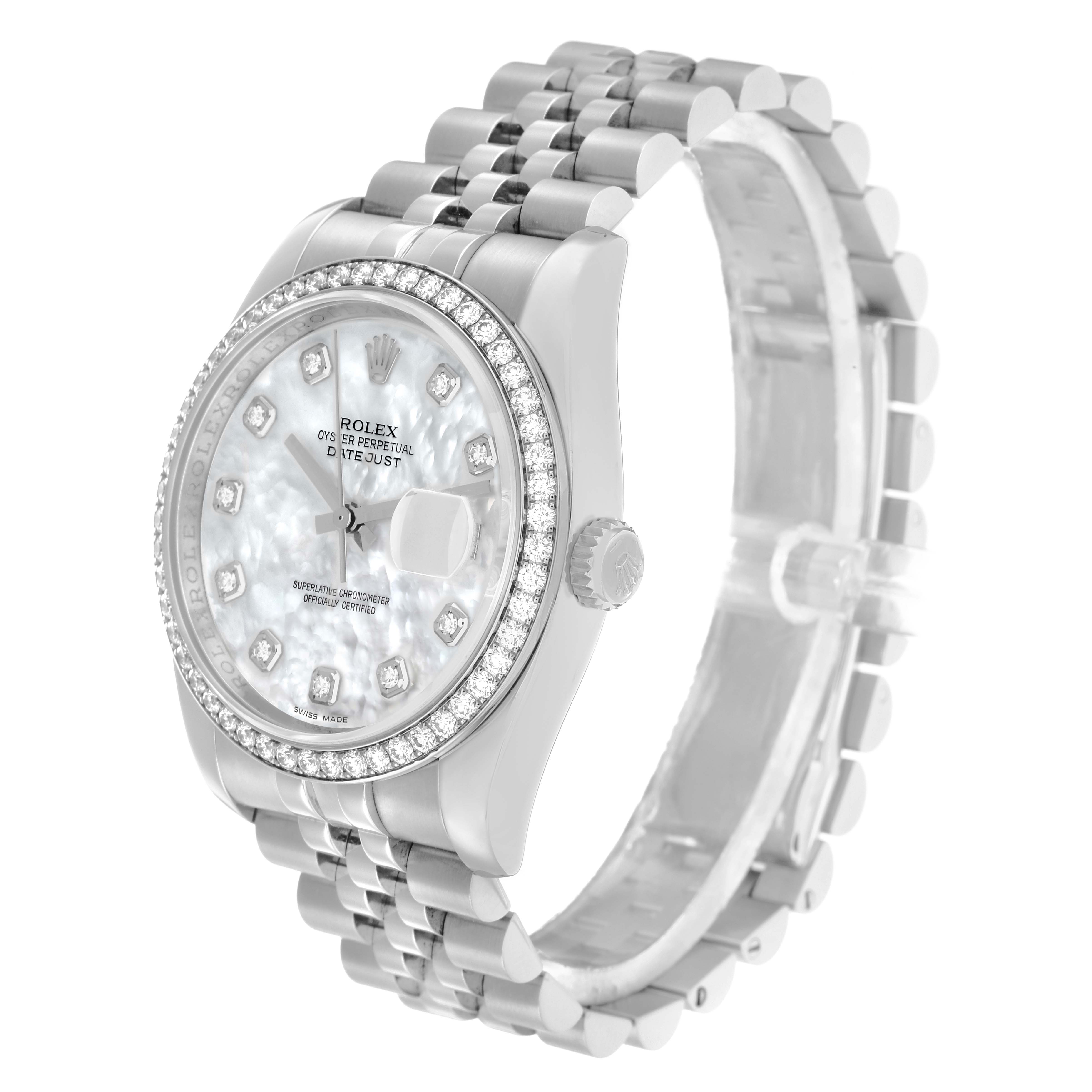 The Rolex Datejust 116244 Men
s Stainless Steel Mother of Pearl Dial watch is shown at a three-quarter angle, highlighting its face, diamond bezel, crown, and Jubilee bracelet.