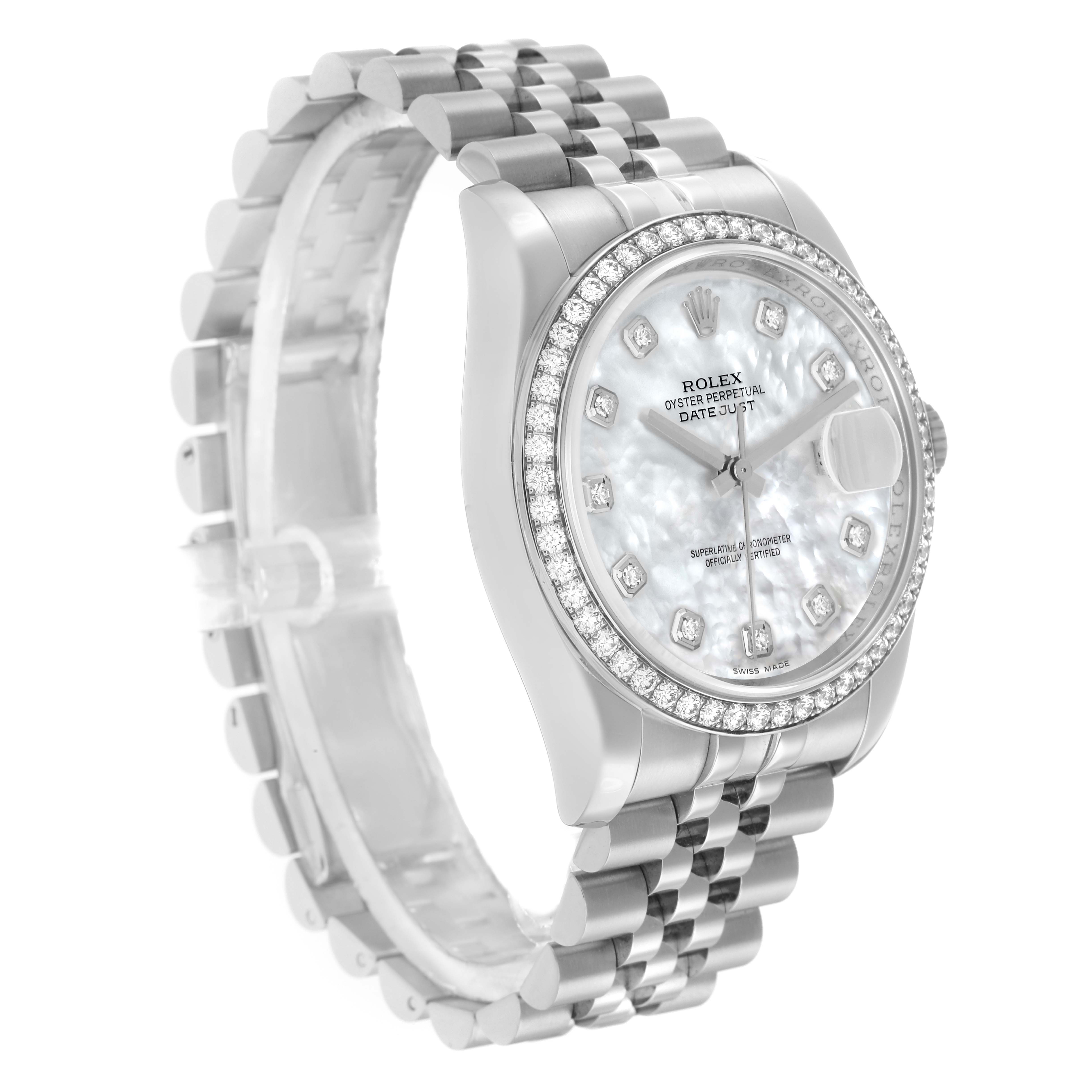 The Rolex Datejust 116244 Men
s Stainless Steel Mother of Pearl Dial watch is shown from a front angle, highlighting the face, bezel, and bracelet.