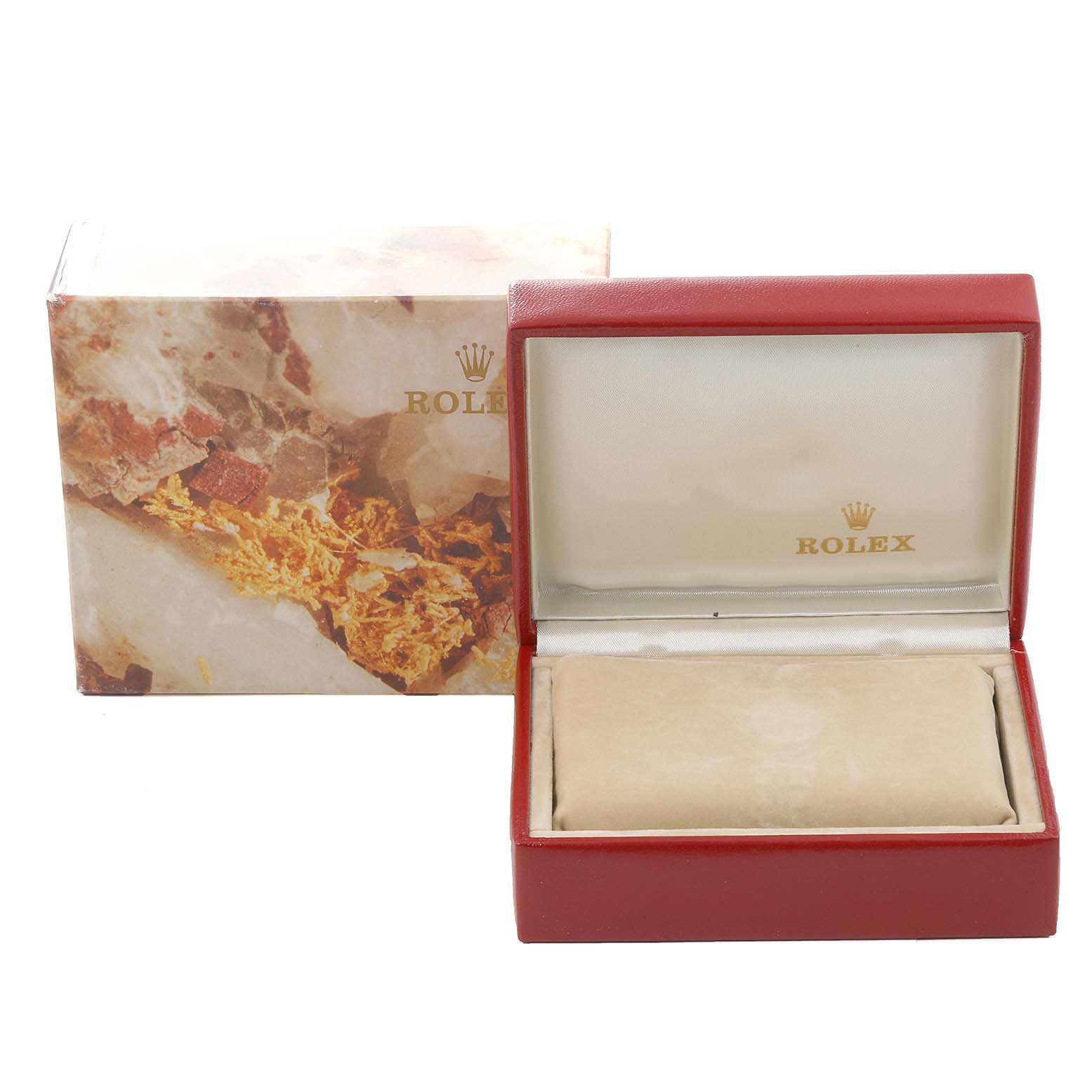 The image shows an empty Rolex President 69178 Women's Yellow Gold Champagne Dial 69178 Women's Yellow Gold Champagne Dial watch box and its outer packaging from a front angle.