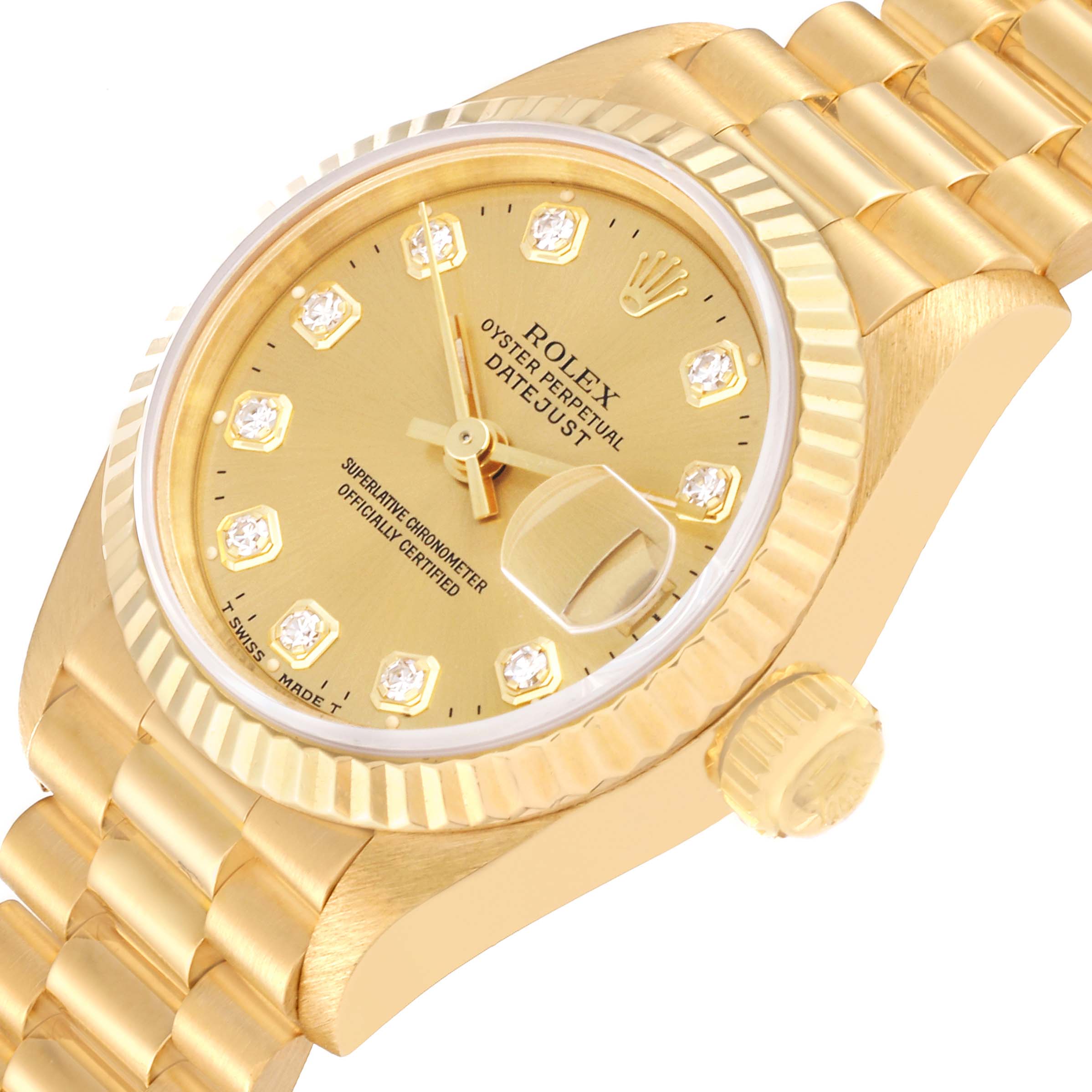 The image shows a side view of the Rolex President 69178 Women's Yellow Gold Champagne Dial 69178 Women's Yellow Gold Champagne Dial model watch, focusing on the dial, bezel, and part of the bracelet.