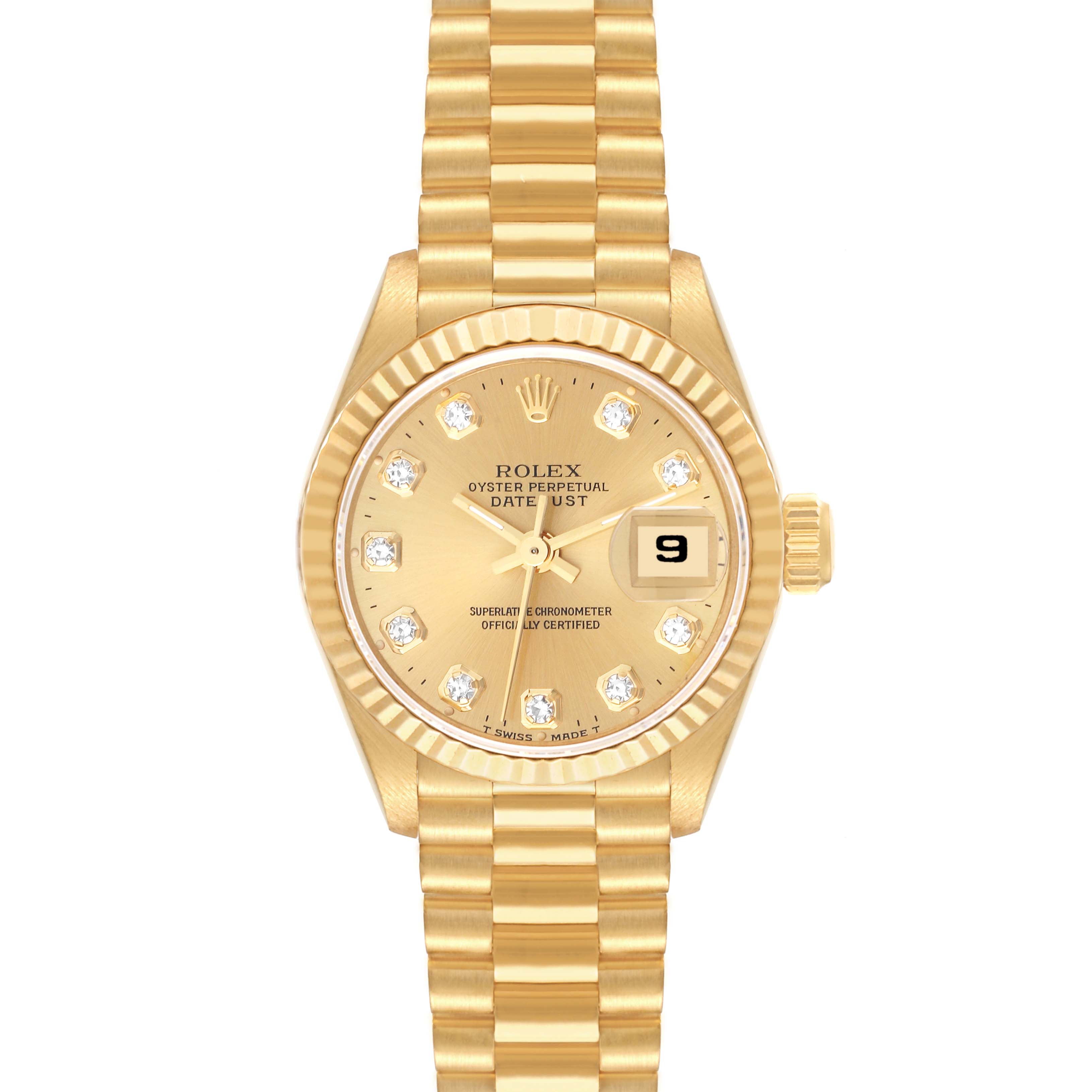 This image shows a Rolex President 69178 Women's Yellow Gold Champagne Dial 69178 Women's Yellow Gold Champagne Dial model watch from a front angle, highlighting its gold dial, fluted bezel, and bracelet.