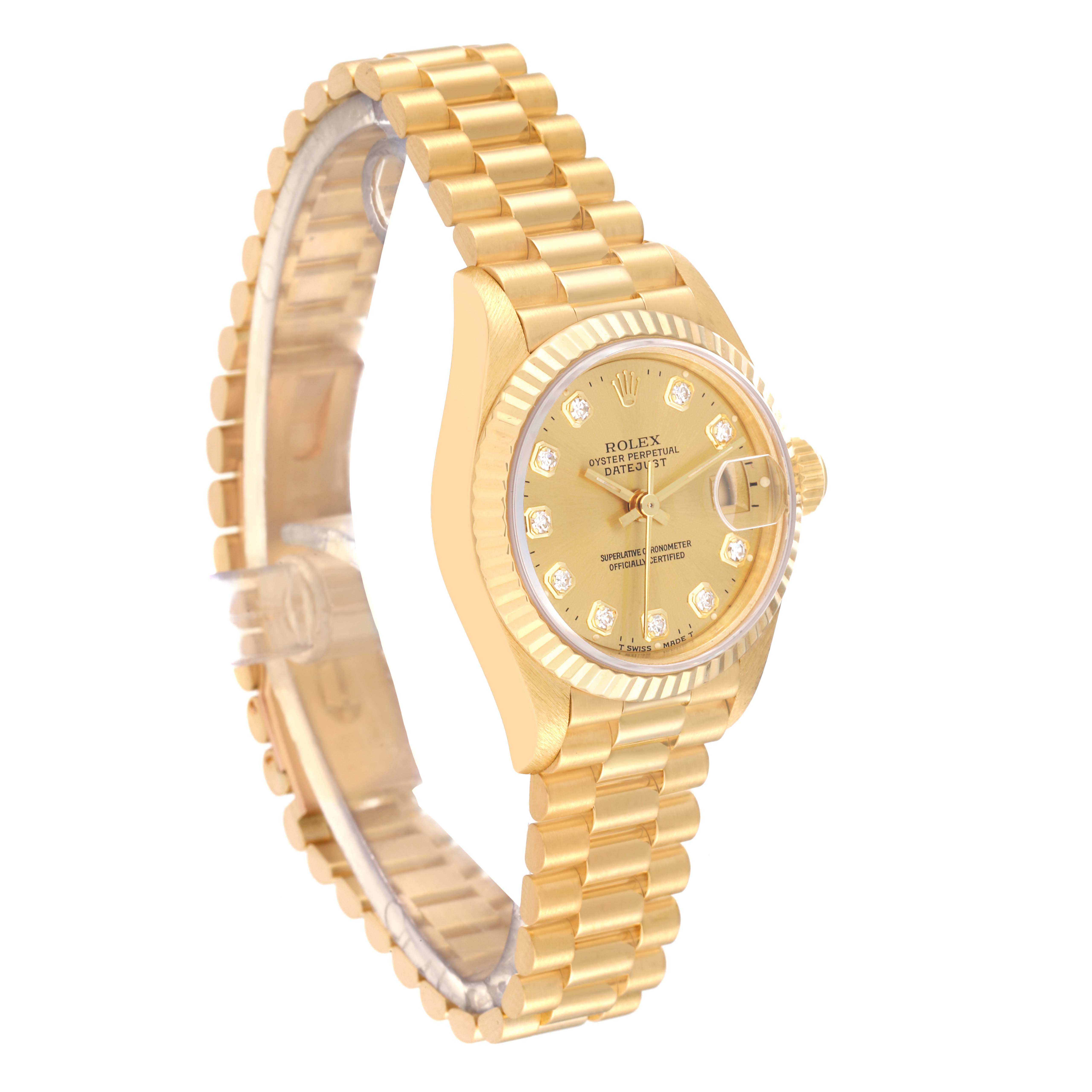 The image displays a side angle view of a Rolex President 69178 Women's Yellow Gold Champagne Dial 69178 Women's Yellow Gold Champagne Dial model watch, showcasing the gold bracelet, bezel, and dial.