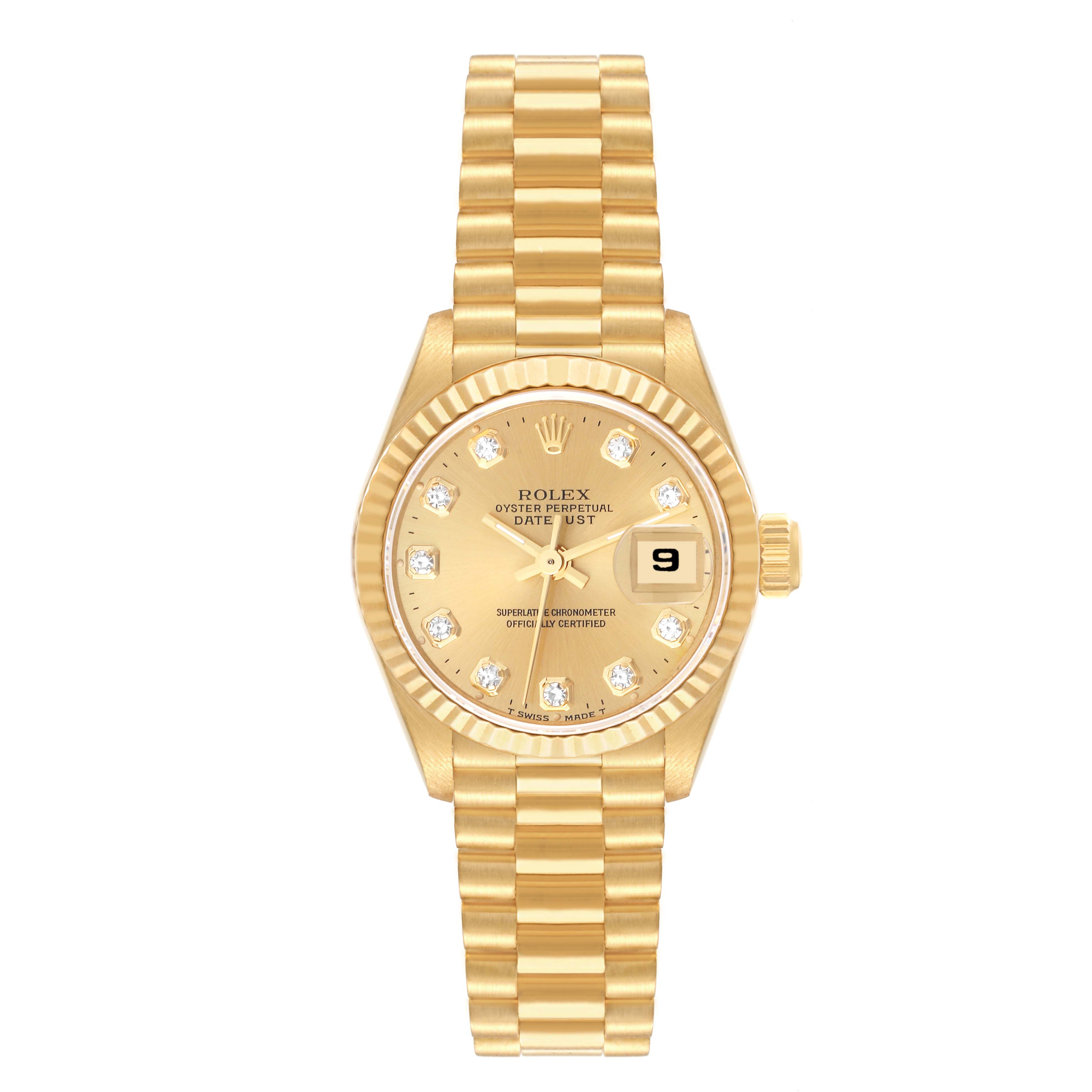 This image shows a Rolex Oyster Perpetual Datejust President model watch, viewed from the front, highlighting its dial, bezel, and bracelet.