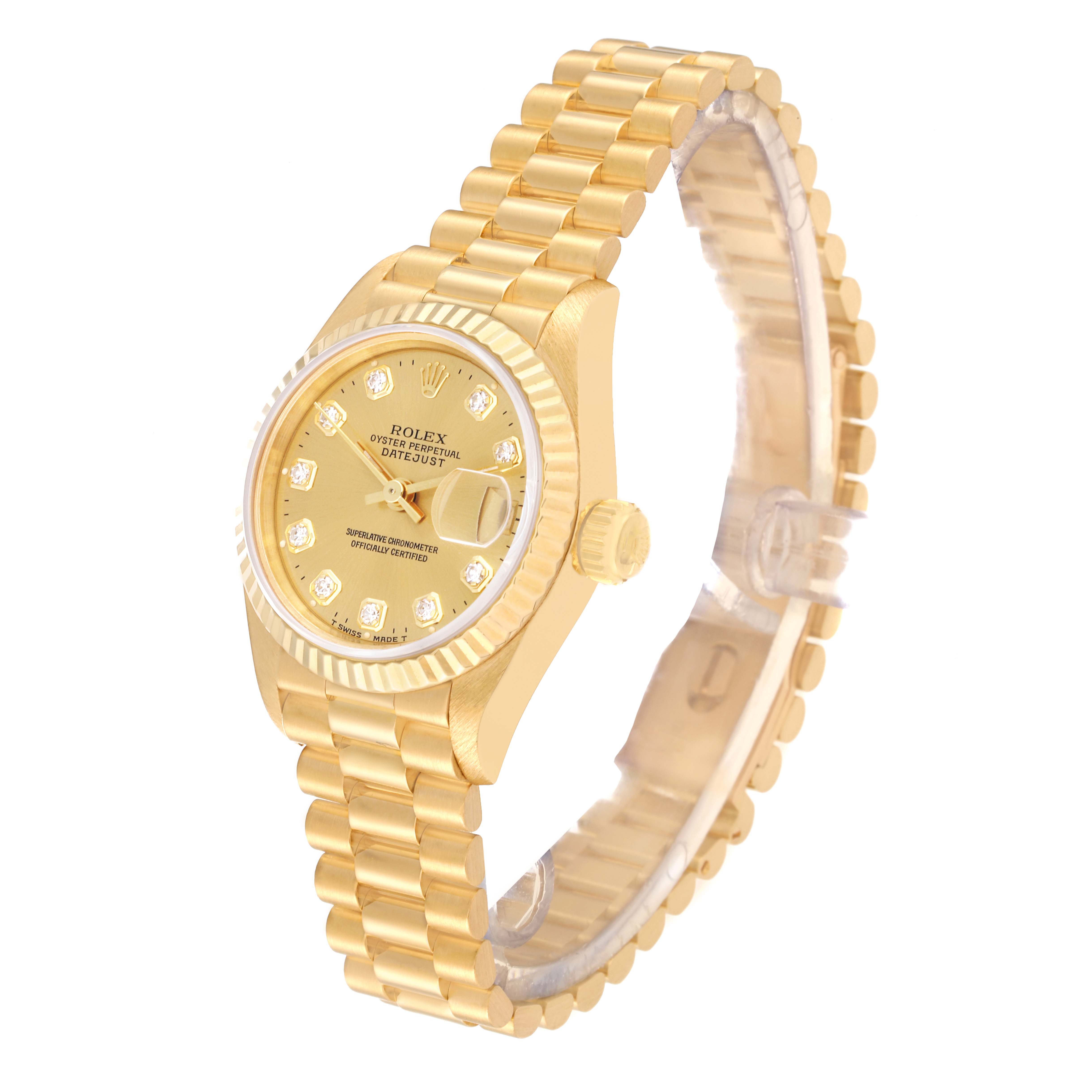 The image shows an angled view of the Rolex President 69178 Women's Yellow Gold Champagne Dial 69178 Women's Yellow Gold Champagne Dial watch, highlighting its gold bracelet, dial, bezel, and crown.