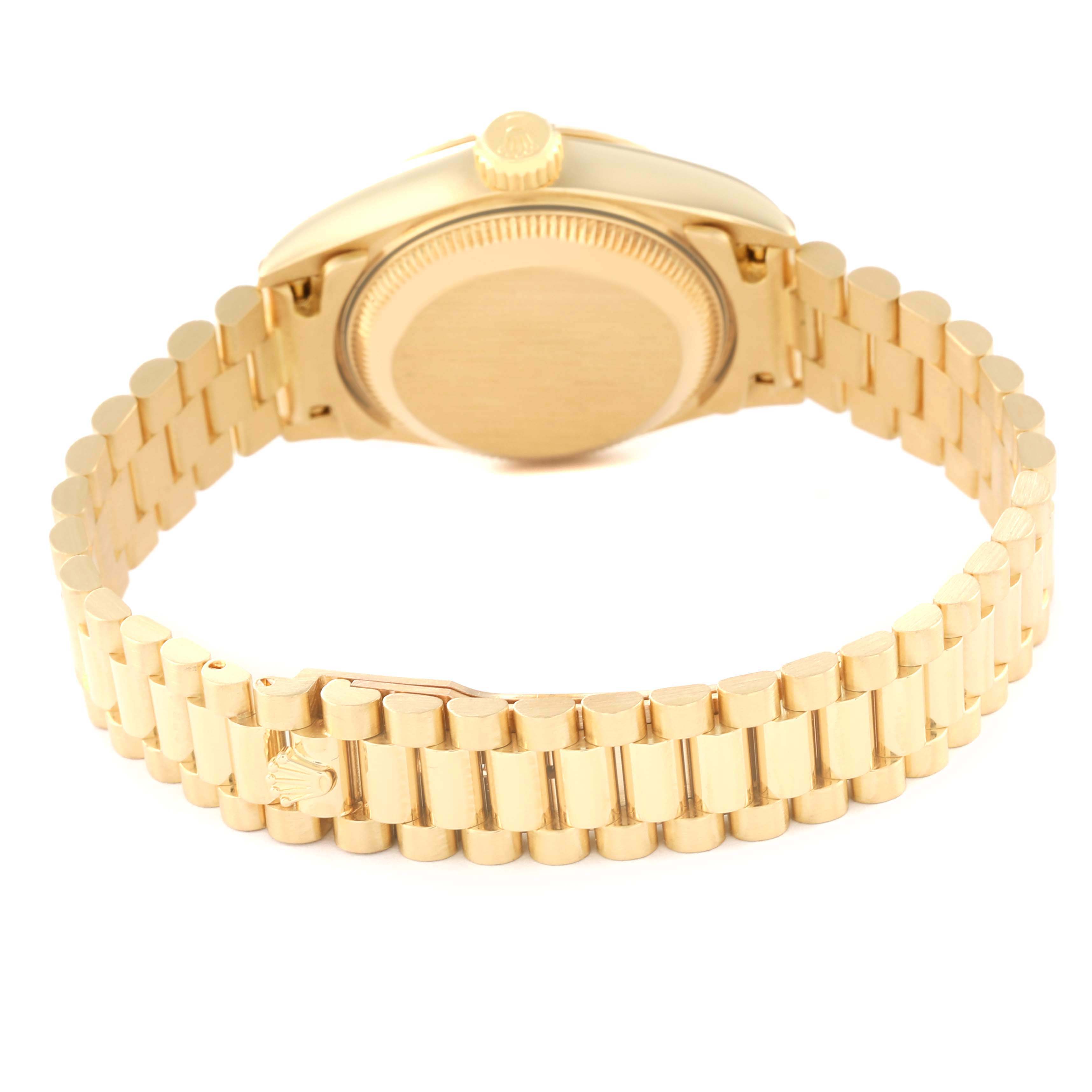 The image shows the back view of a Rolex President 69178 Women's Yellow Gold Champagne Dial 69178 Women's Yellow Gold Champagne Dial model watch, highlighting the bracelet and case back.