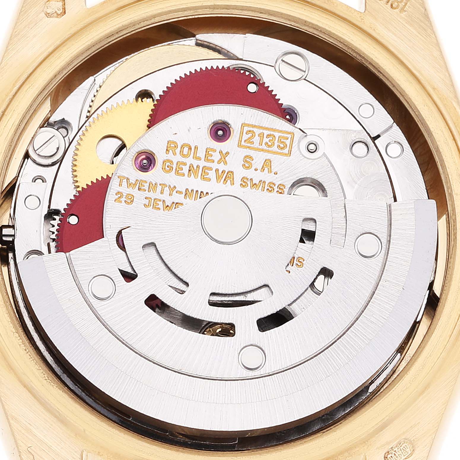 This image shows the inner mechanical movement of a Rolex President 69178 Women's Yellow Gold Champagne Dial 69178 Women's Yellow Gold Champagne Dial model, viewed from the back.