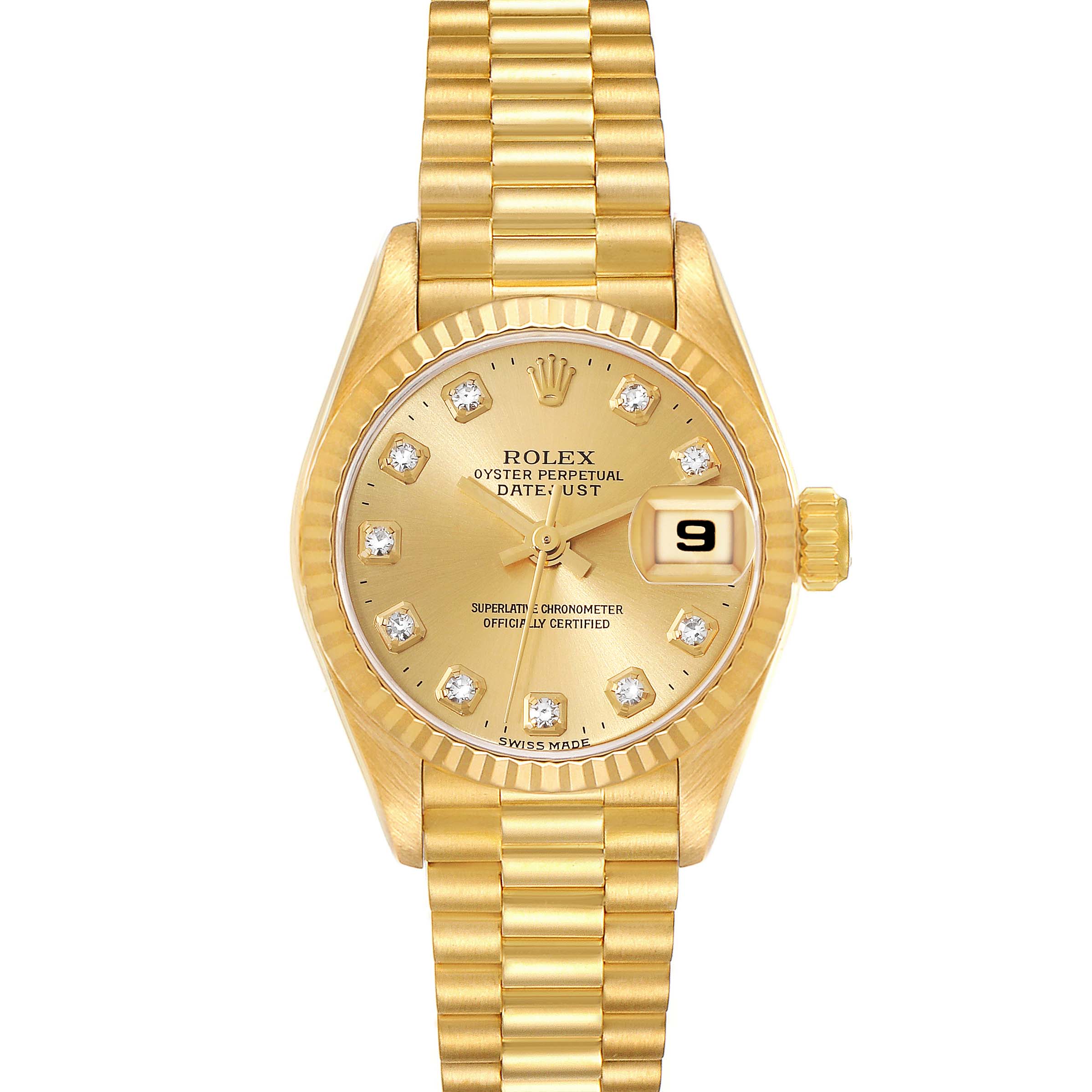 The image shows a frontal view of the Rolex President 69178 Women's Yellow Gold Champagne Dial 69178 Women's Yellow Gold Champagne Dial model, displaying the face, bezel, crown, and part of the bracelet.