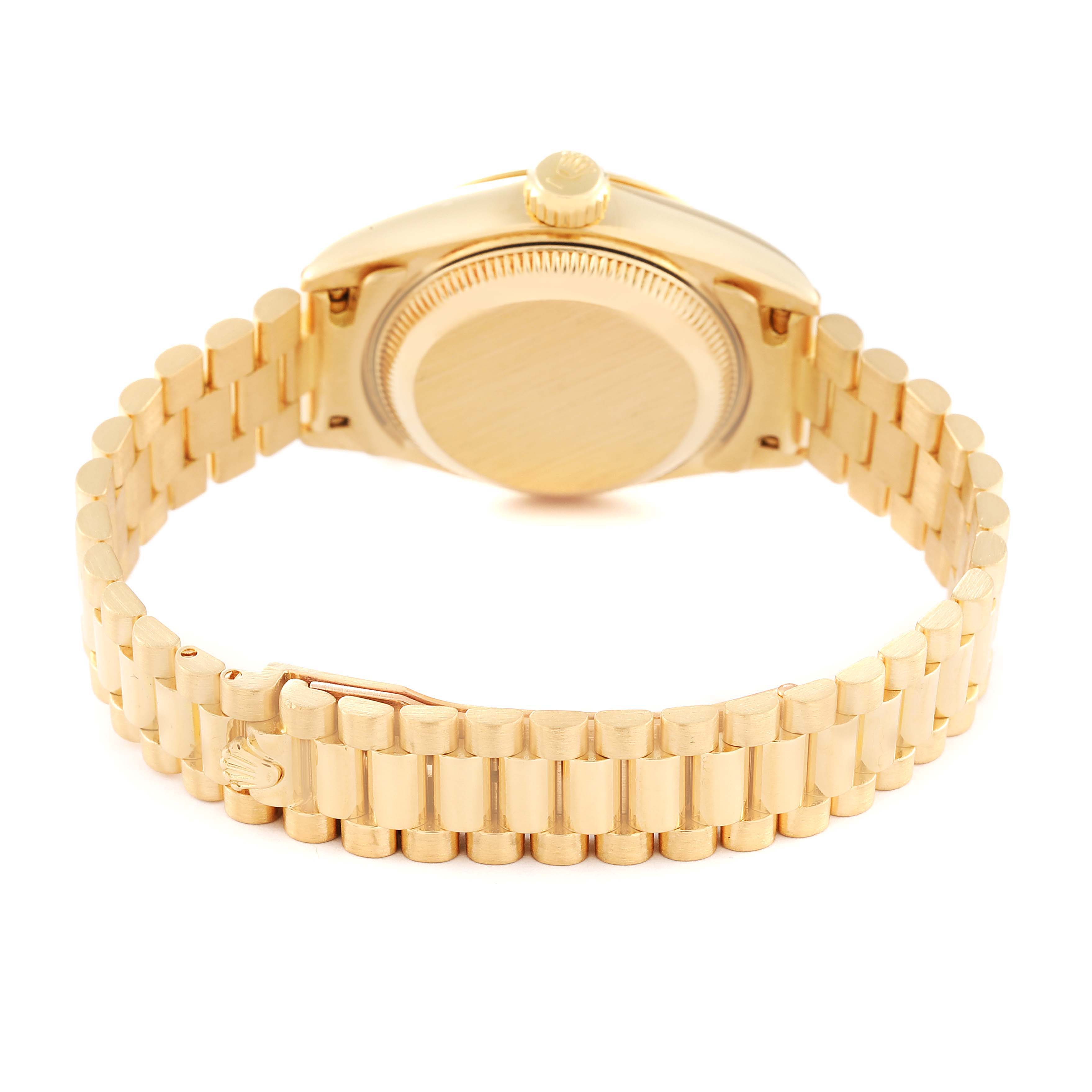 This image shows the backside of the Rolex President 69178 Women's Yellow Gold Champagne Dial 69178 Women's Yellow Gold Champagne Dial model, including the case back, crown, and bracelet.