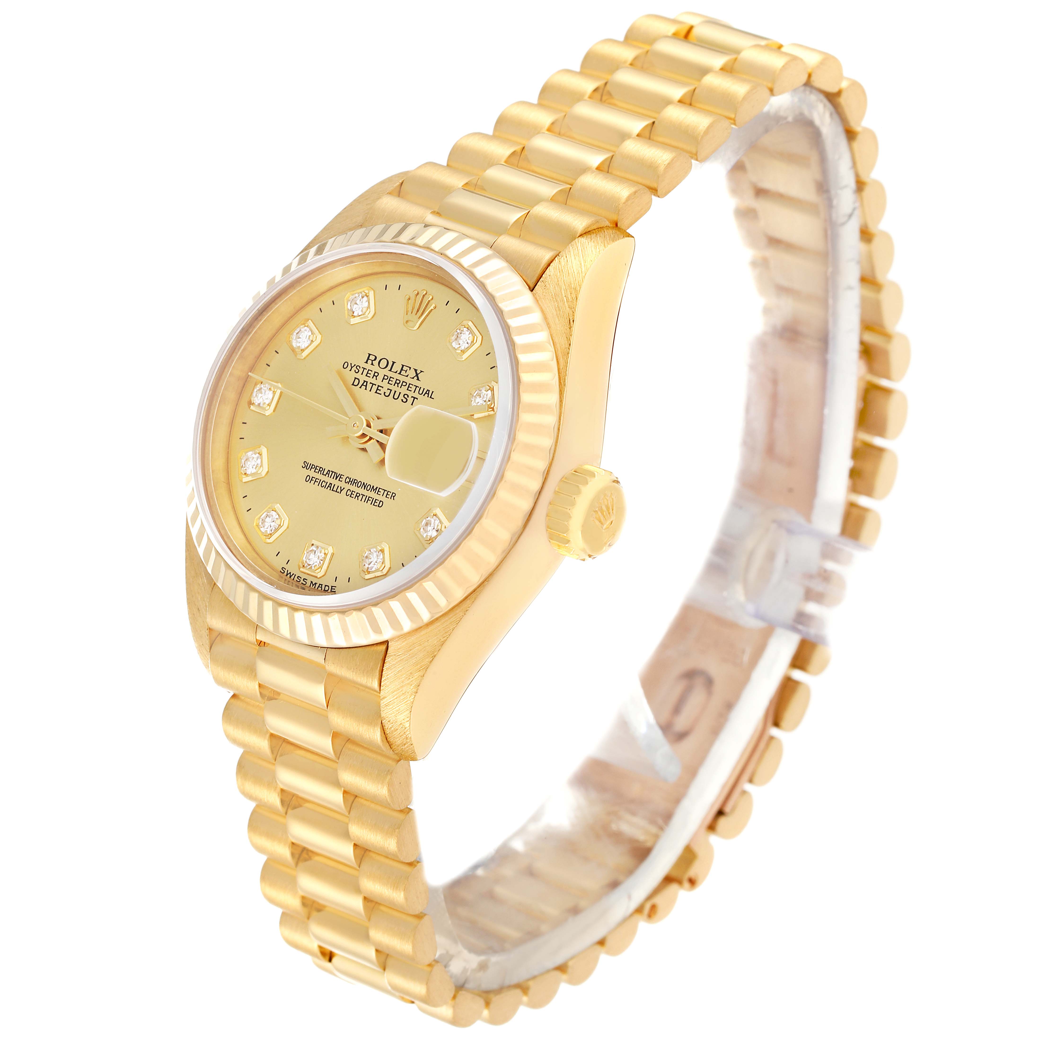 A Rolex President 69178 Women's Yellow Gold Champagne Dial 69178 Women's Yellow Gold Champagne Dial model watch is shown at a side angle, displaying its dial, bezel, crown, and bracelet.