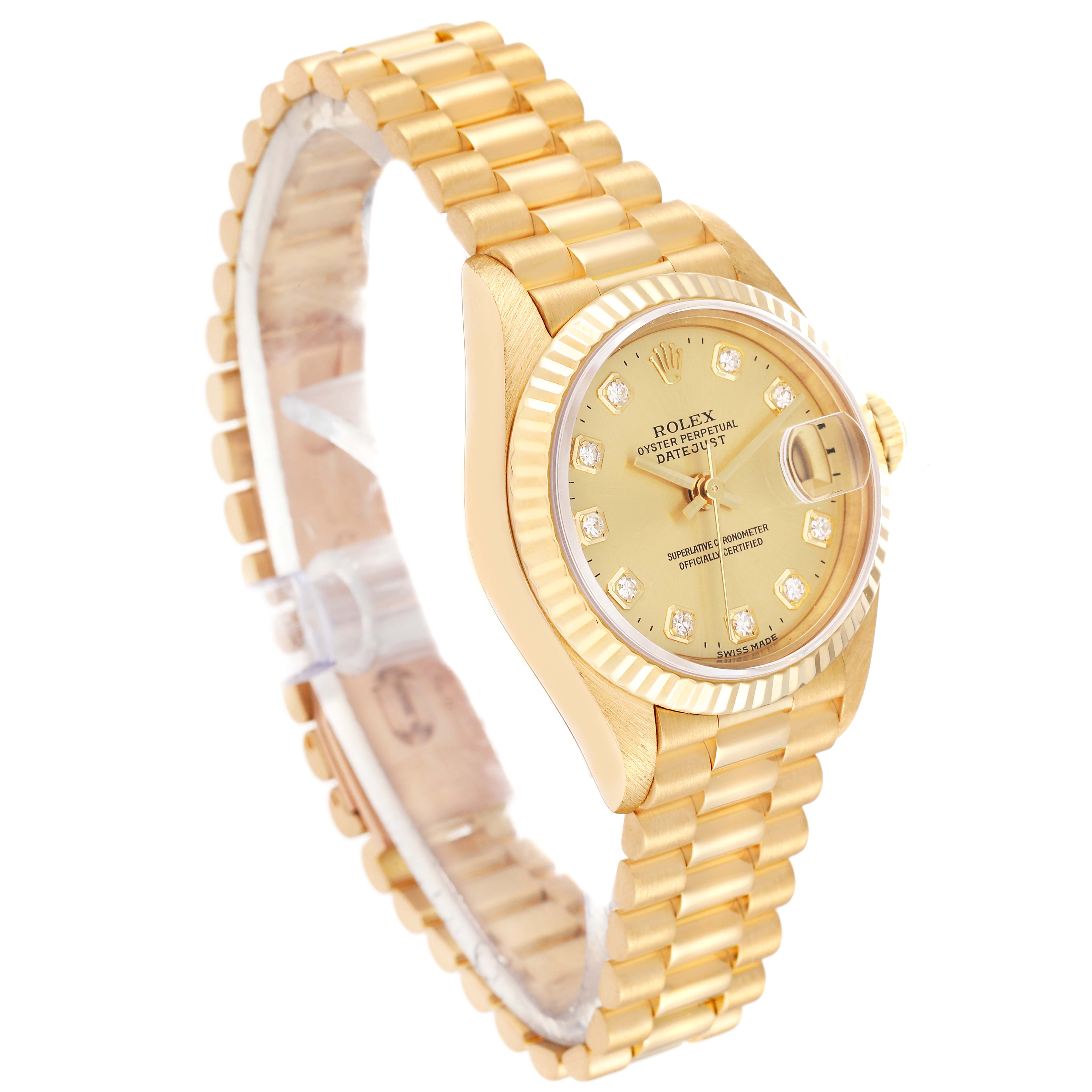 The image shows a Rolex President 69178 Women's Yellow Gold Champagne Dial 69178 Women's Yellow Gold Champagne Dial model watch at a slight angle, highlighting the gold bracelet, bezel, and diamond-studded dial.