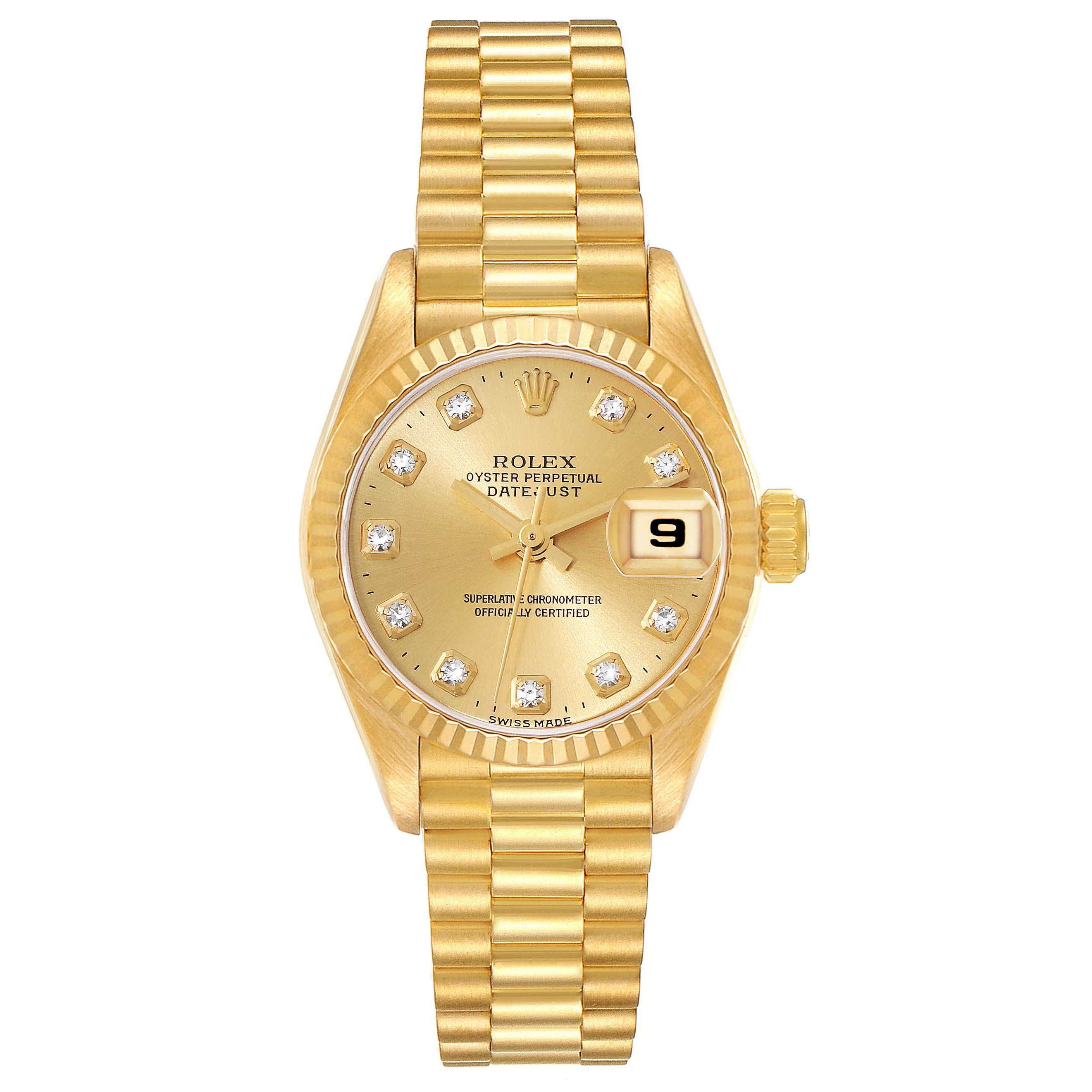 The Rolex President 69178 Women's Yellow Gold Champagne Dial 69178 Women's Yellow Gold Champagne Dial model watch is shown from the front, displaying the face, hands, date window, and bracelet band.