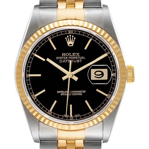 The Rolex Datejust 16233 Men's Steel and Gold (two tone) Black Dial watch is shown from the front, displaying its dial, bezel, and part of the bracelet.
