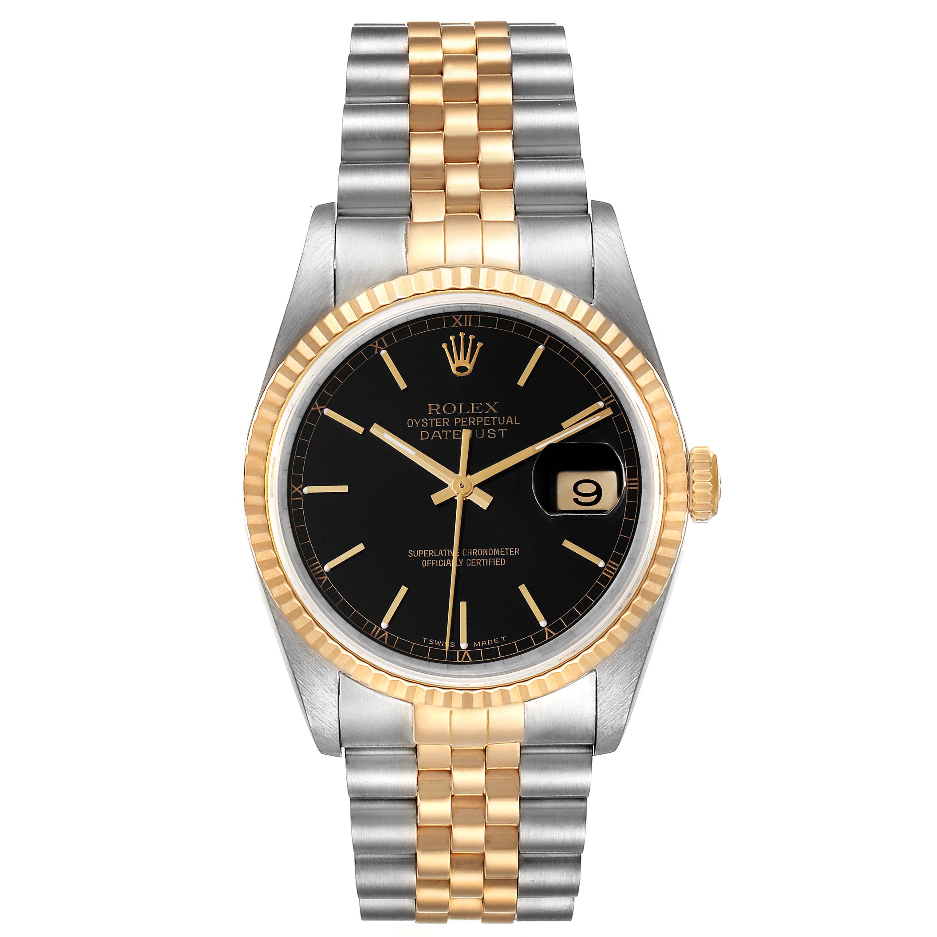 The image shows a Rolex Datejust 16233 Men's Steel and Gold (two tone) Black Dial 16233 Men's Steel and Gold (two tone) Black Dial watch from a front angle, highlighting its black dial, gold fluted bezel, and two-tone bracelet.