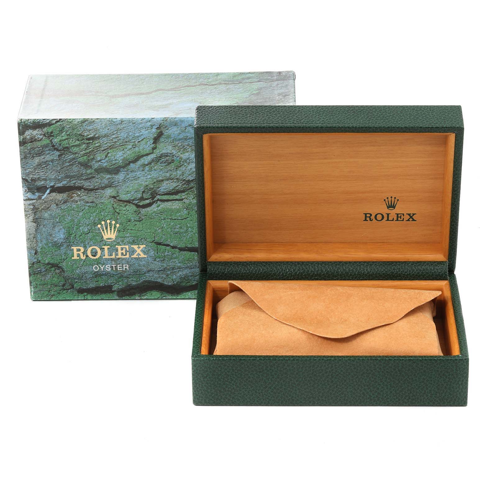 This image shows an open green and wood Rolex watch box for the Datejust model with the outer green box in the background.