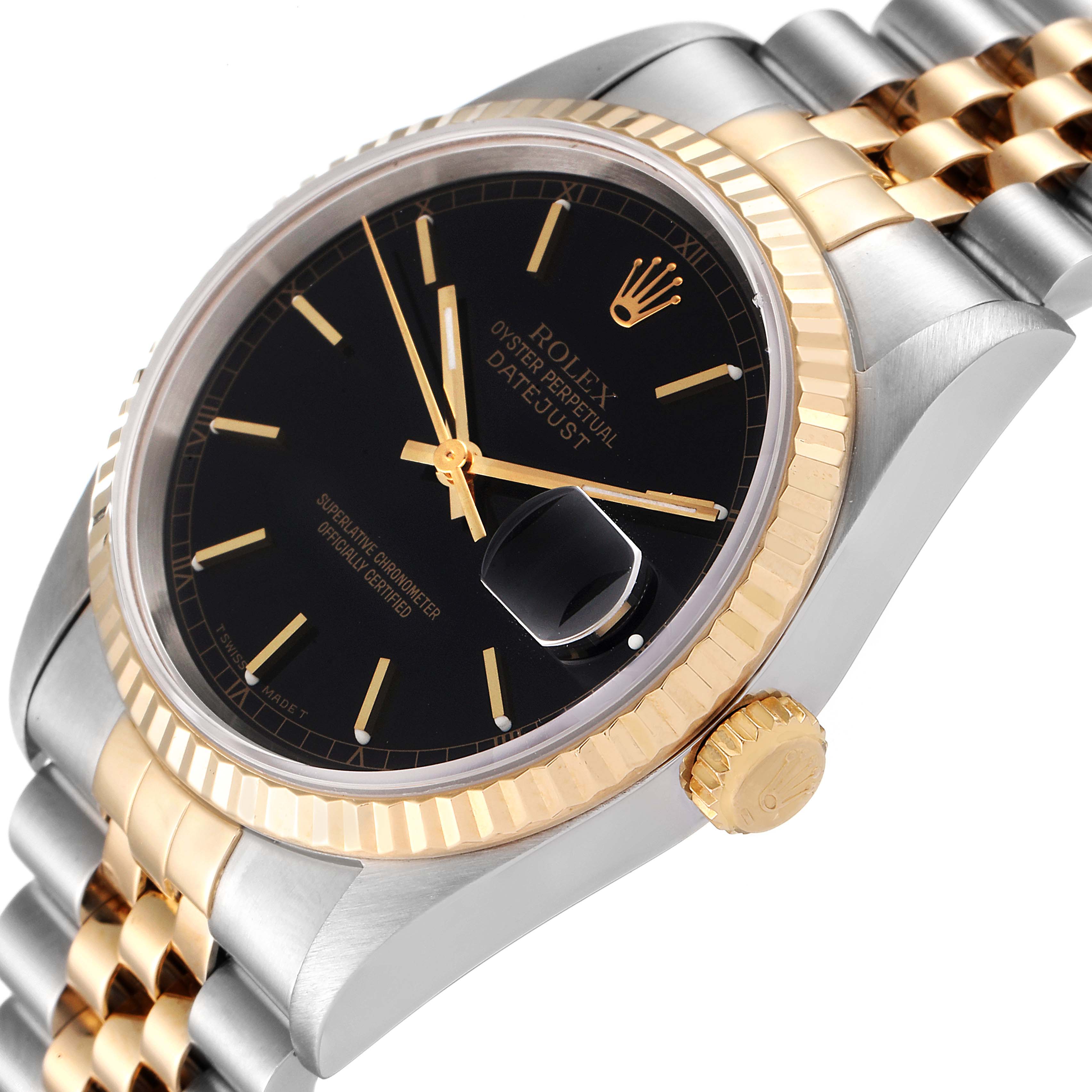 This image shows the Rolex Datejust 16233 Men's Steel and Gold (two tone) Black Dial 16233 Men's Steel and Gold (two tone) Black Dial watch face, bezel, crown, and part of the bracelet at an angled close-up view.