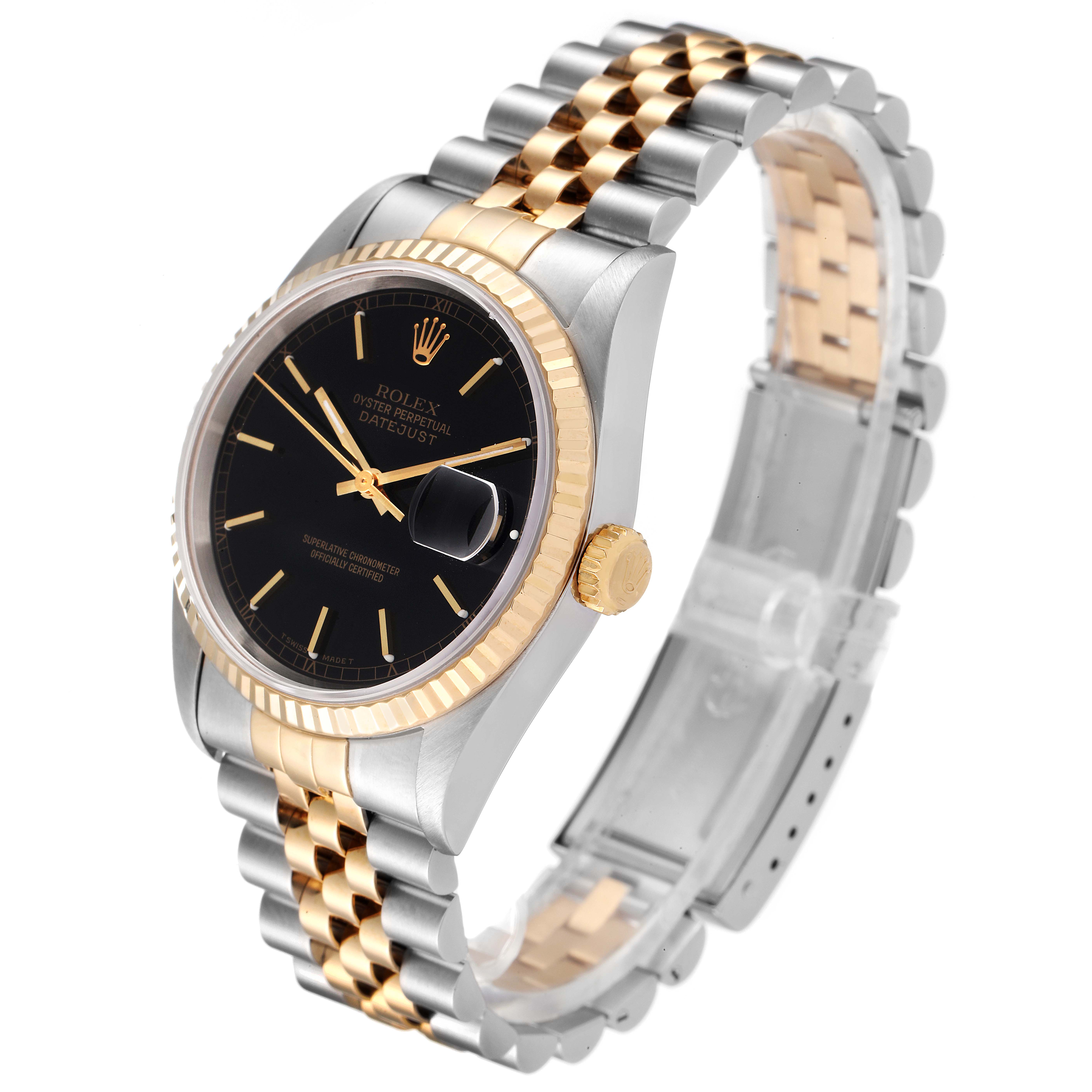 This image shows a Rolex Datejust 16233 Men's Steel and Gold (two tone) Black Dial 16233 Men's Steel and Gold (two tone) Black Dial watch at an angle, highlighting the black dial, two-tone bracelet, and fluted bezel.