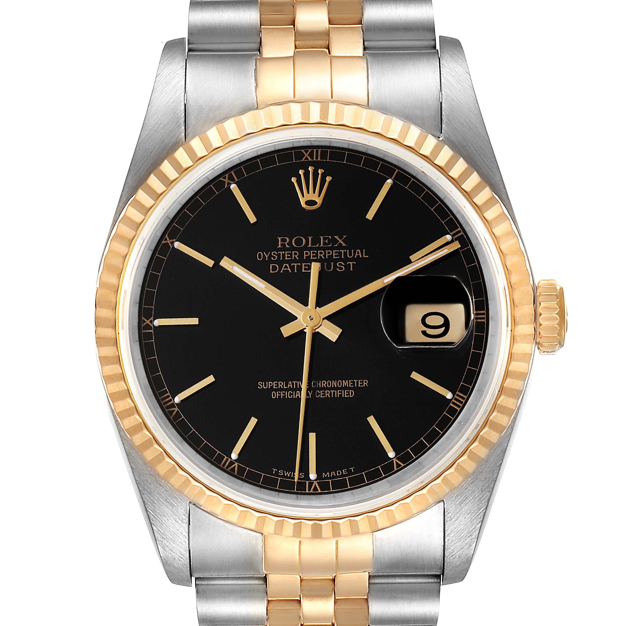 This image shows a Rolex Datejust 16233 Men's Steel and Gold (two tone) Black Dial 16233 Men's Steel and Gold (two tone) Black Dial model watch from a front angle, featuring a black dial with a gold and silver bracelet.