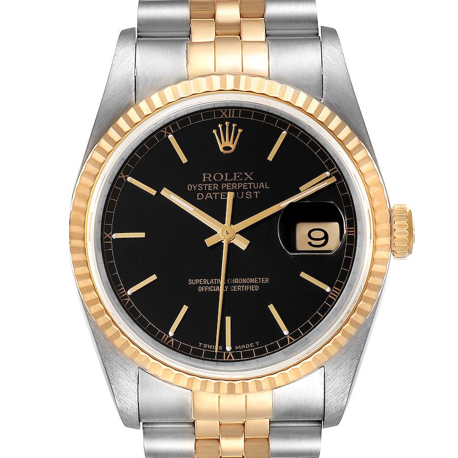 Rolex Datejust Steel 18K Yellow Gold Black Dial Mens Watch 16233 SwissWatchExpo