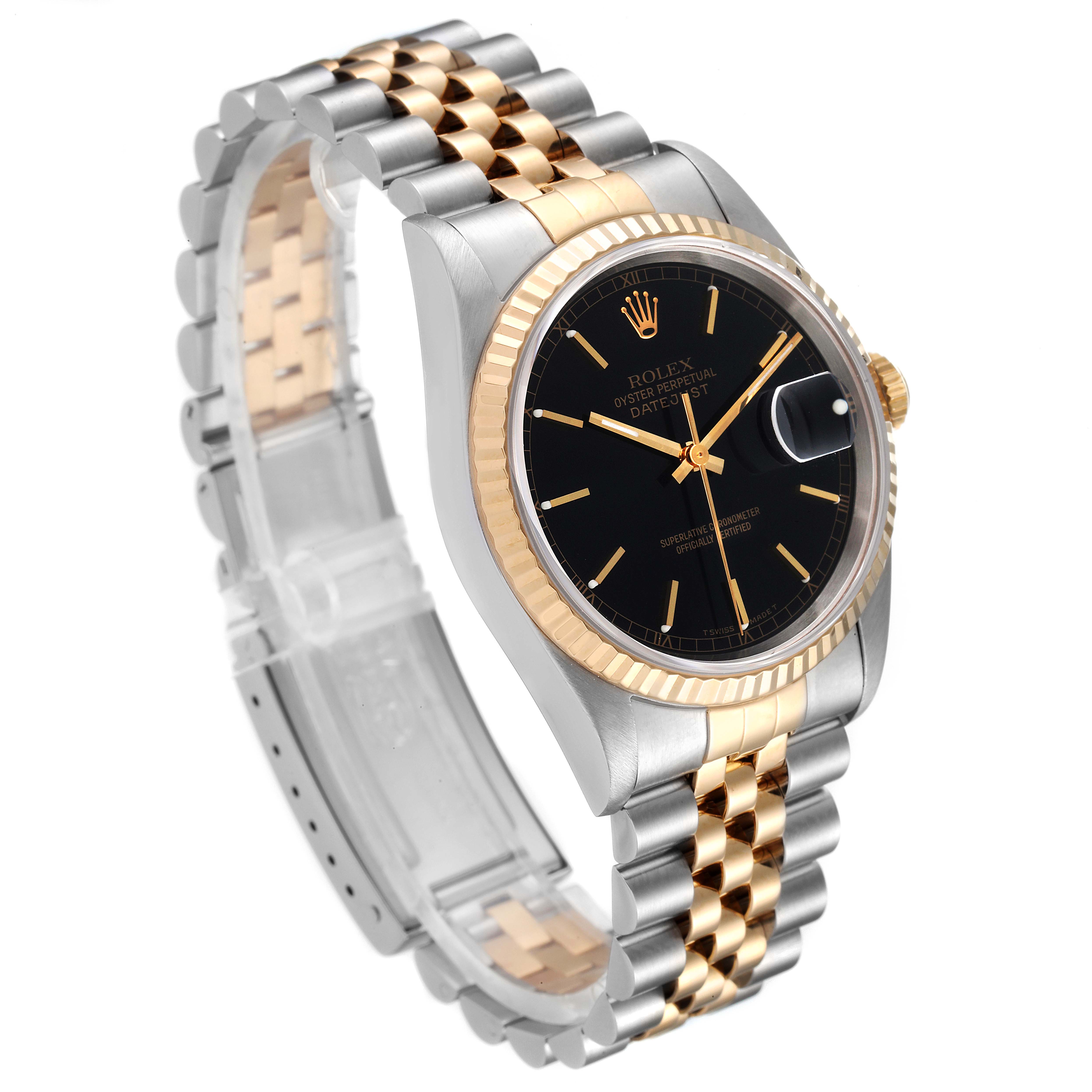The Rolex Datejust 16233 Men's Steel and Gold (two tone) Black Dial 16233 Men's Steel and Gold (two tone) Black Dial watch is shown at a three-quarter angle, displaying the dial, bezel, and Jubilee bracelet.