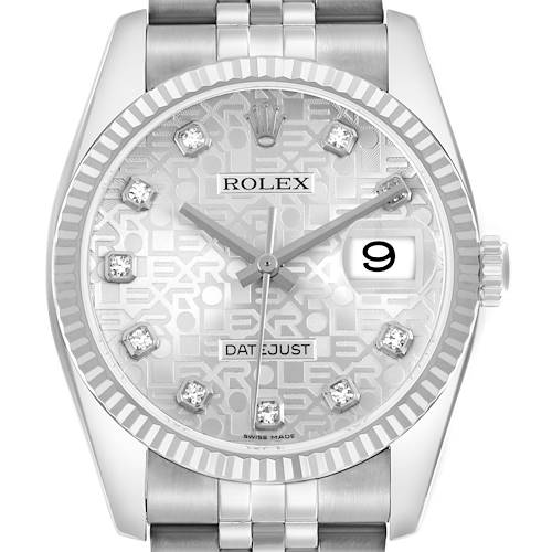 The Rolex Datejust 116234 Men's Stainless Steel Silver Dial watch is shown from a front view, highlighting the dial, indices, fluted bezel, and bracelet.