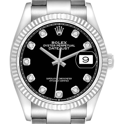 The Rolex Datejust 126234 Men's Stainless Steel Black Dial watch is shown from the front, highlighting its dial, bezel, links, and crown, with a clear view of the date window.