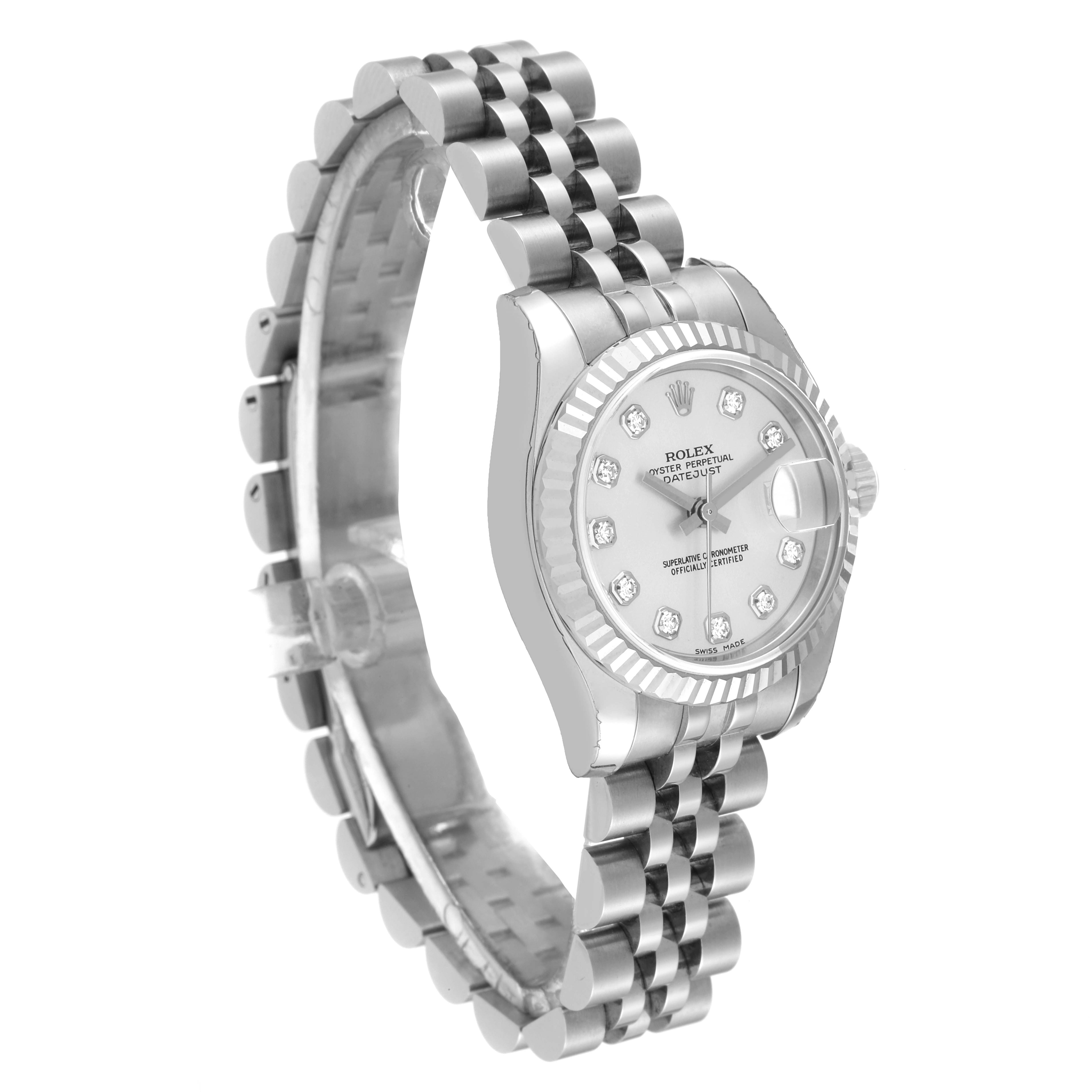 The Rolex Datejust 179174 Women's Stainless Steel Silver Dial 179174 Women's Stainless Steel Silver Dial watch is shown at a slight angle, displaying the face, bezel, and bracelet.