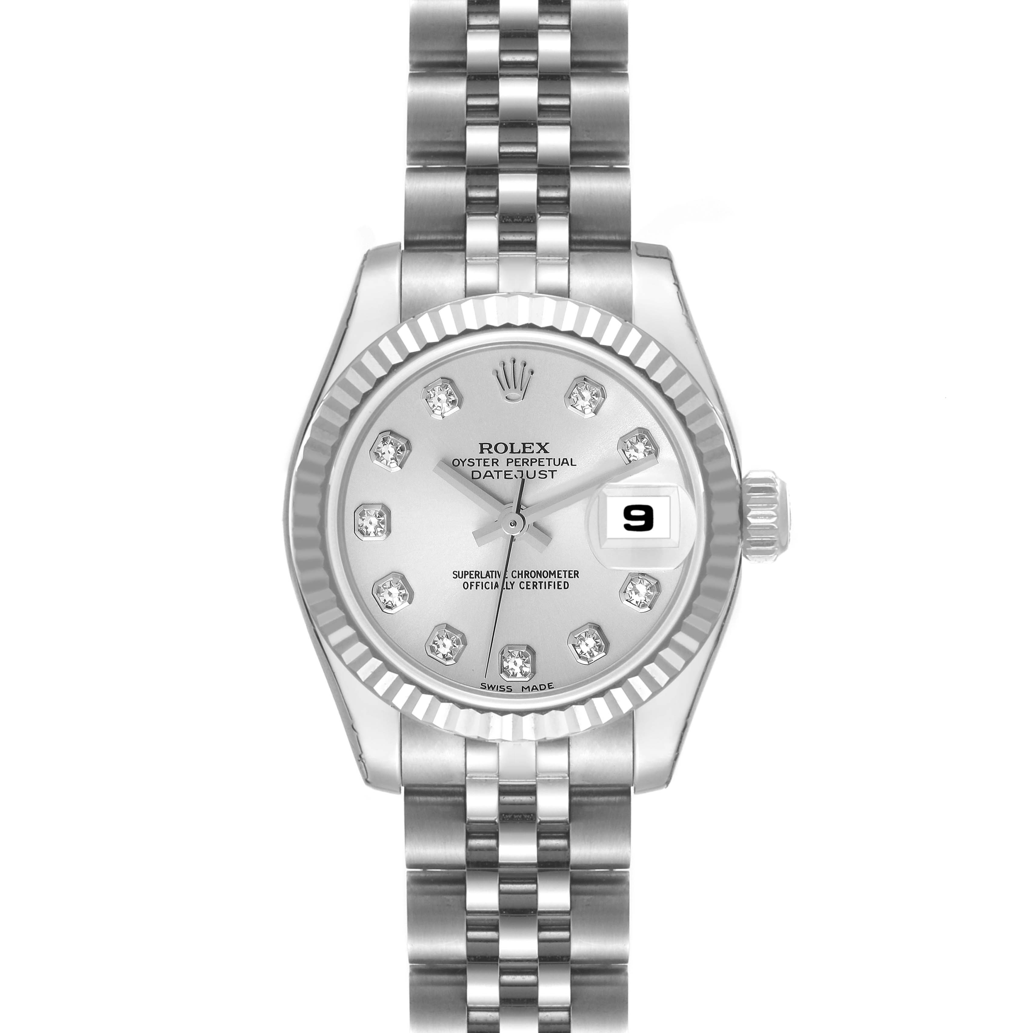 This image shows a front view of a Rolex Datejust 179174 Women's Stainless Steel Silver Dial 179174 Women's Stainless Steel Silver Dial watch, displaying the dial, bracelet, and date window.