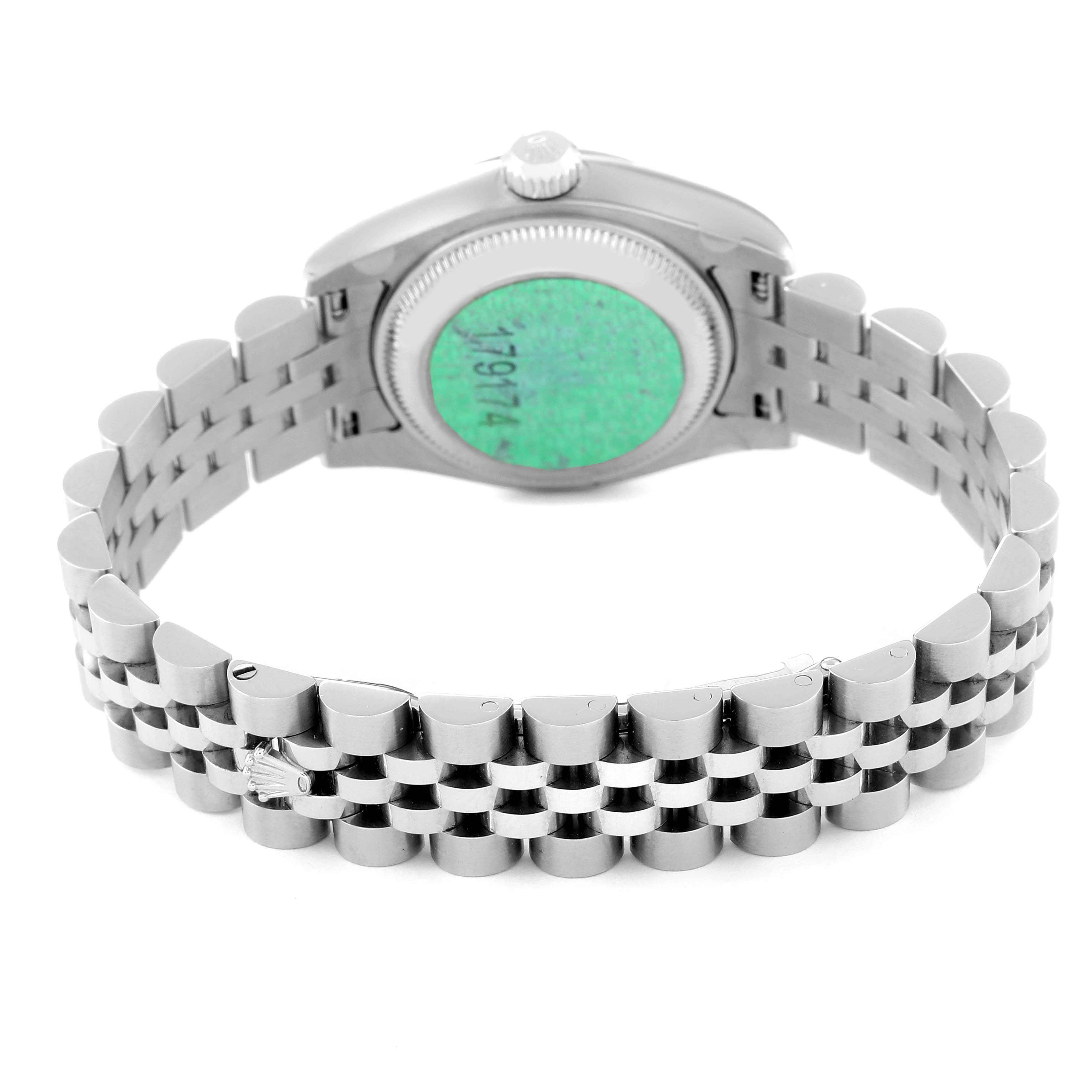 This image shows the backside and bracelet of a Rolex Datejust 179174 Women's Stainless Steel Silver Dial 179174 Women's Stainless Steel Silver Dial watch.