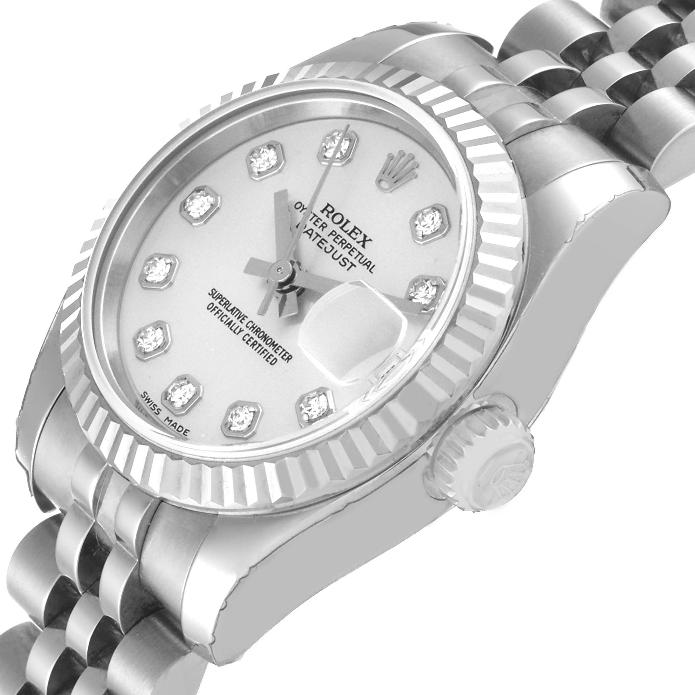 The image shows a diagonal angle of the Rolex Datejust 179174 Women's Stainless Steel Silver Dial 179174 Women's Stainless Steel Silver Dial watch, highlighting the dial, bezel, crown, and part of the bracelet.