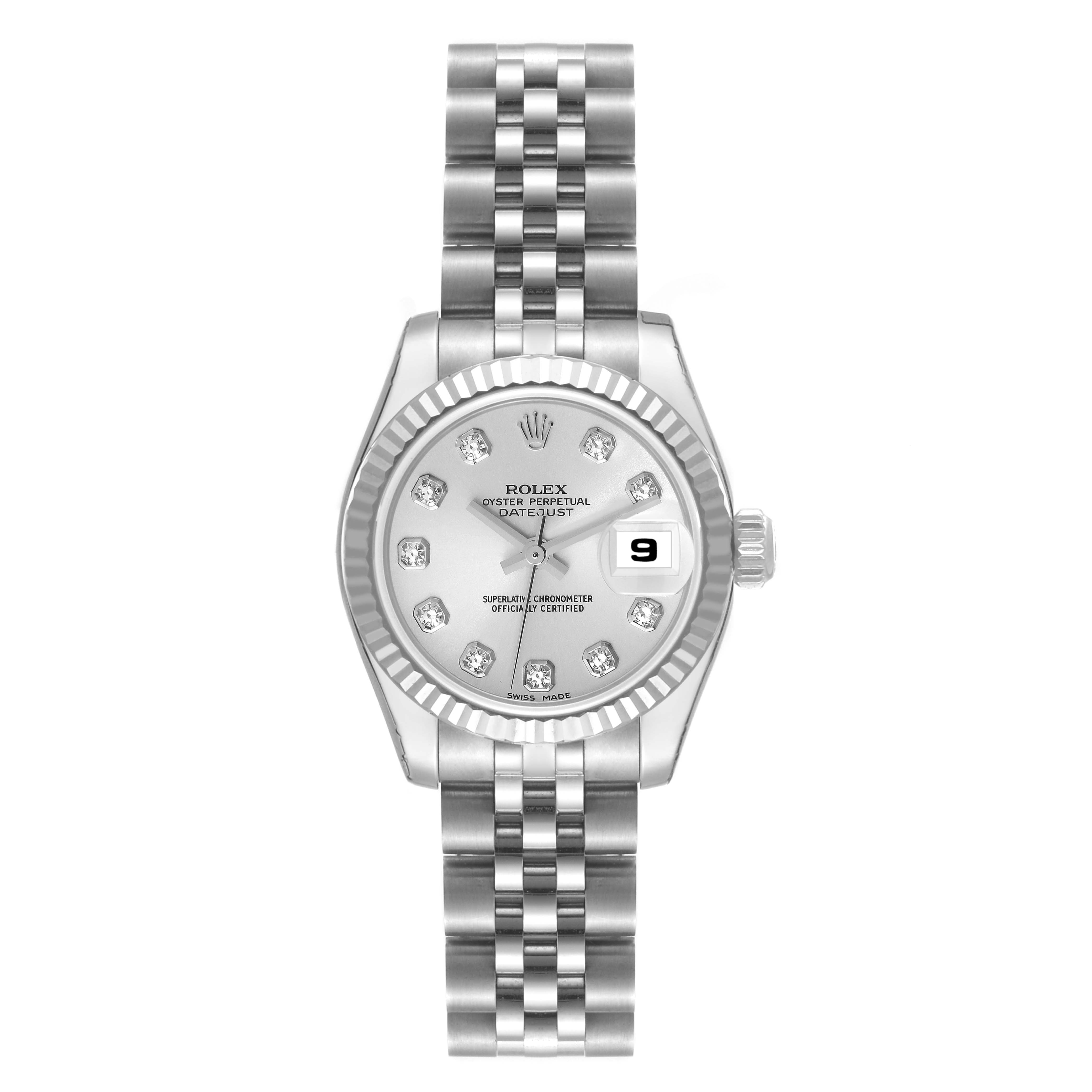 The image shows a front view of the Rolex Datejust 179174 Women's Stainless Steel Silver Dial 179174 Women's Stainless Steel Silver Dial watch, displaying its dial, bezel, crown, and bracelet.