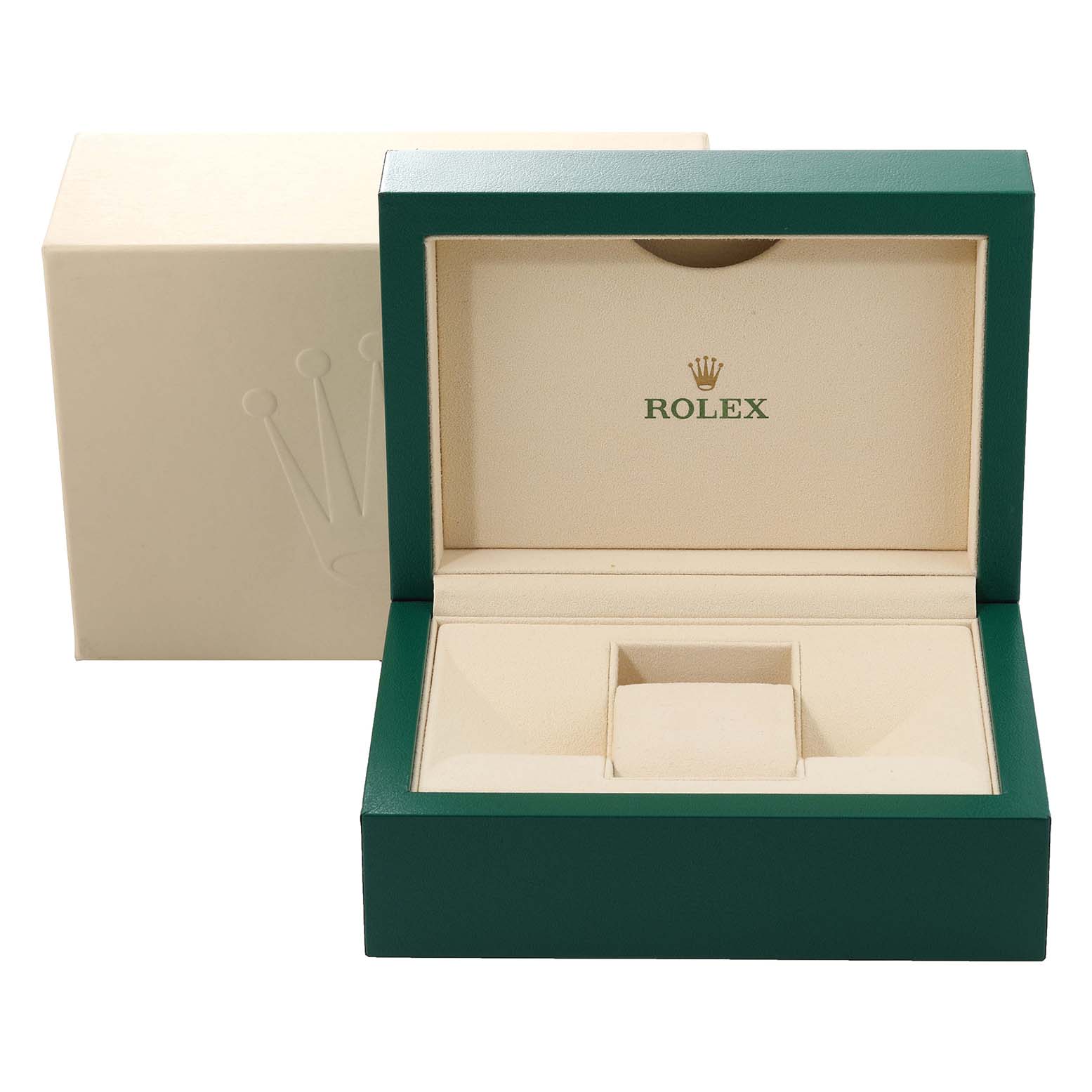 A Rolex Datejust 179174 Women's Stainless Steel Silver Dial 179174 Women's Stainless Steel Silver Dial watch box, shown open, displaying the interior compartments and the Rolex logo.