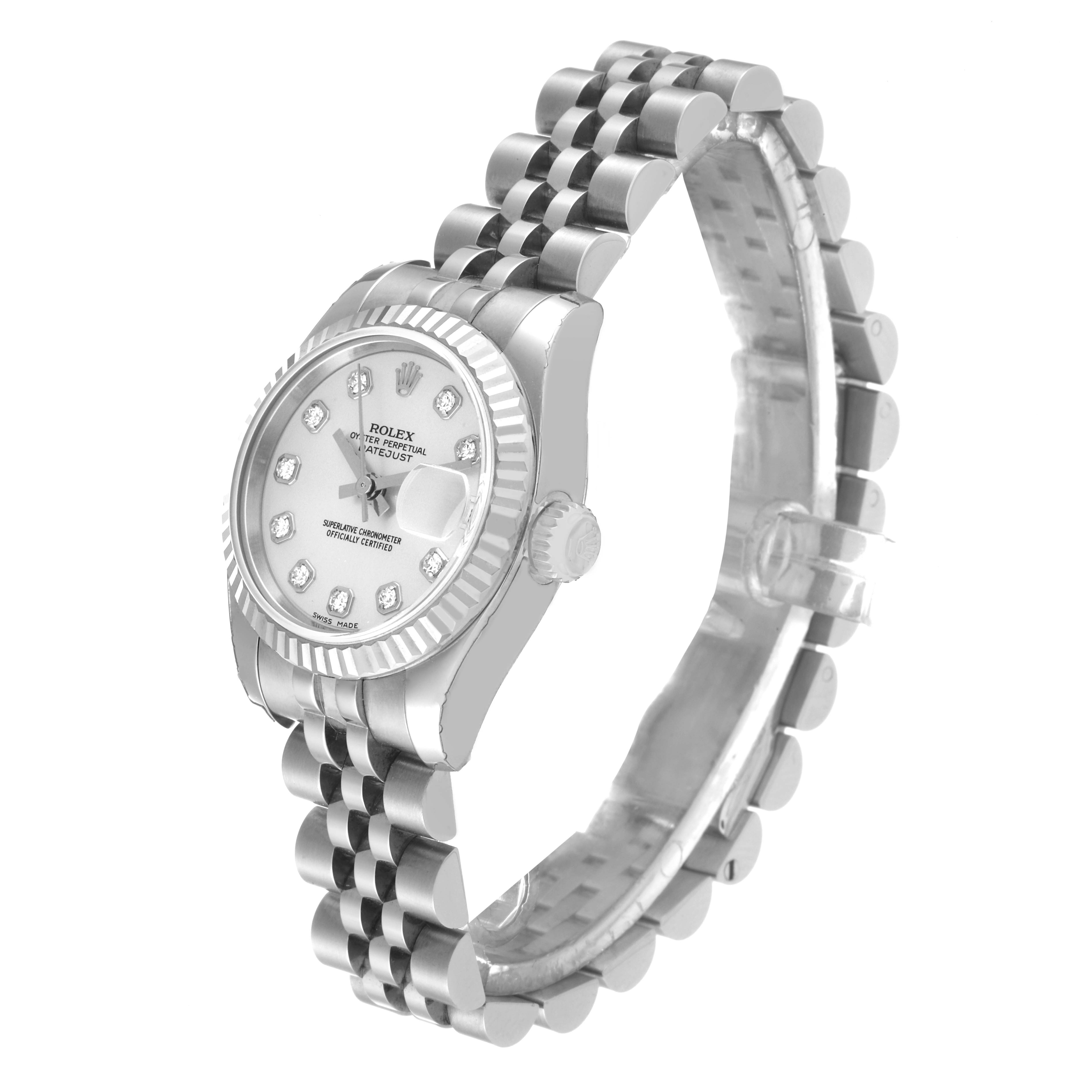 The image displays a Rolex Datejust 179174 Women's Stainless Steel Silver Dial 179174 Women's Stainless Steel Silver Dial watch from a side angle, showcasing the face, bezel, crown, and bracelet.