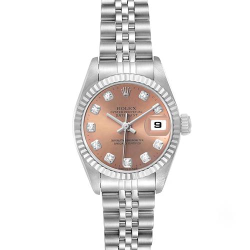 The Rolex Datejust 69174 Women's Stainless Steel Pink Dial watch is shown from a top-down angle, highlighting the dial, fluted bezel, and Jubilee bracelet.