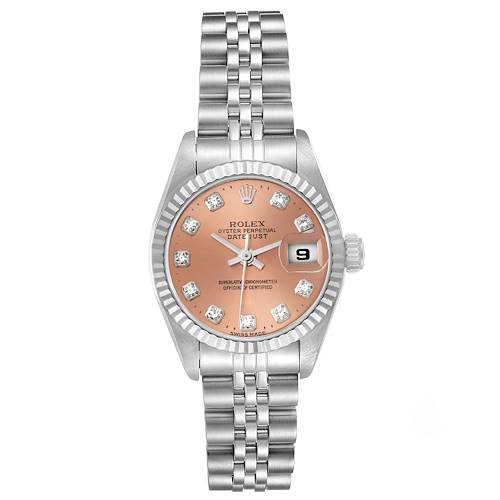 The Rolex Datejust 69174 Women's Stainless Steel Pink Dial watch is shown from a front view, highlighting the face, bezel, bracelet, and crown.