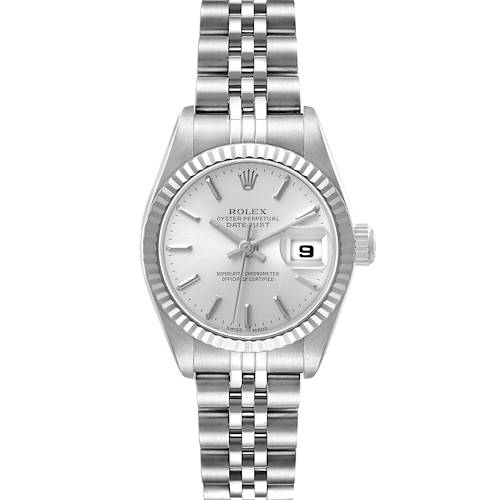 The Rolex Datejust 79174 Women's Stainless Steel Silver Dial watch is shown from a front angle, highlighting the dial, fluted bezel, and bracelet.