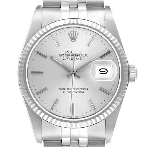The Rolex Datejust 16014 Men's Stainless Steel Silver Dial watch is shown from the front, displaying the dial, fluted bezel, crown, and bracelet.