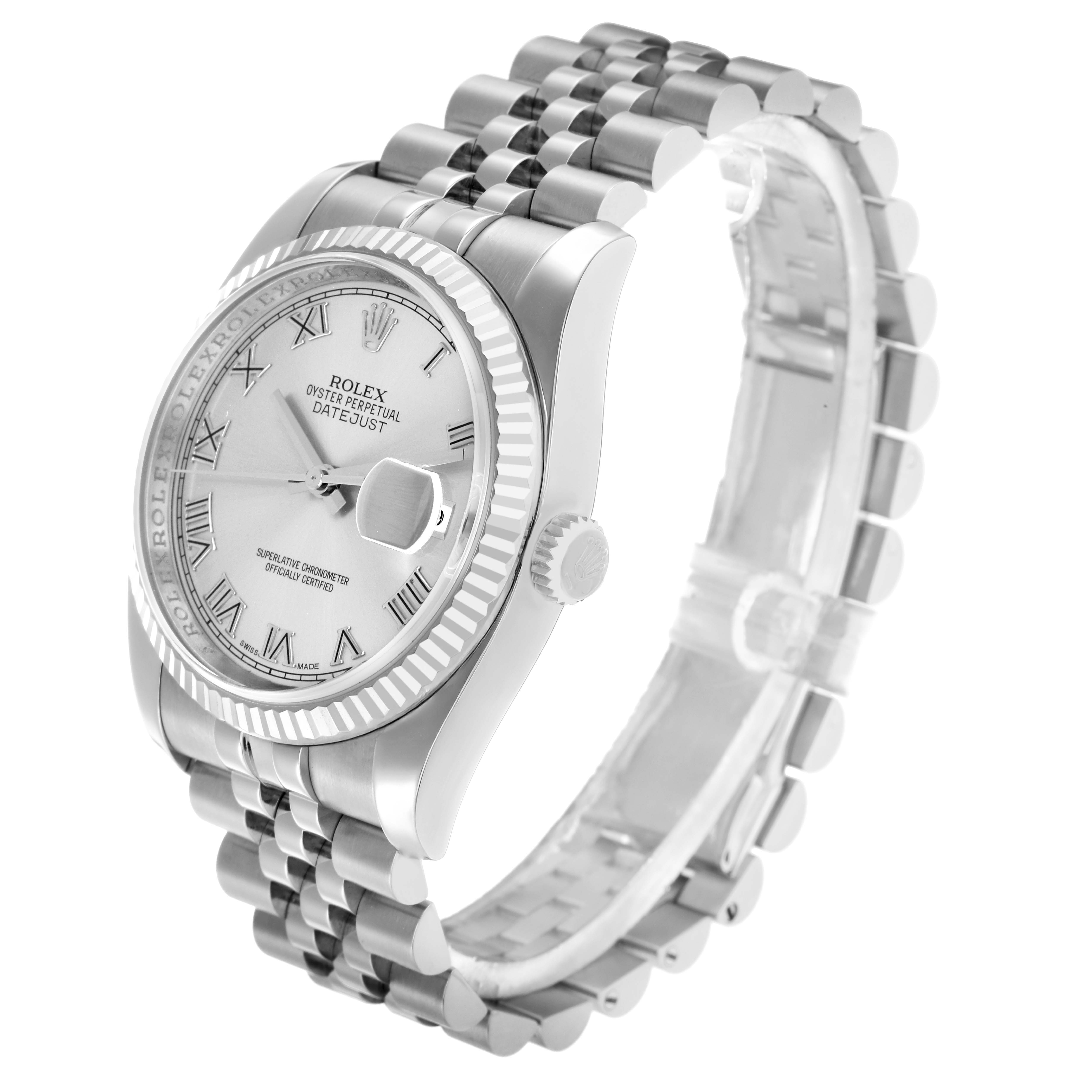 The Rolex Datejust 116234 Men
s Stainless Steel Silver Dial watch is shown at a three-quarter angle, displaying the dial, bezel, crown, and bracelet.