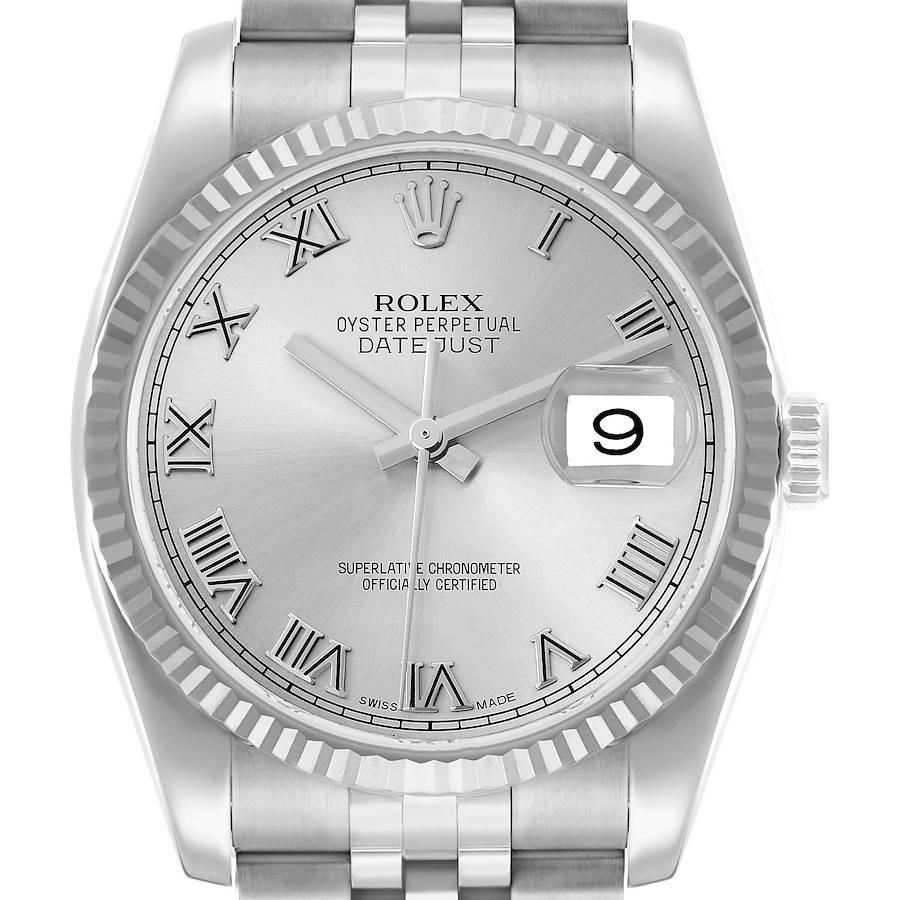 The image shows a frontal view of a Rolex Datejust 116234 Men's Stainless Steel Silver Dial, highlighting the dial, crown, and part of the bracelet.