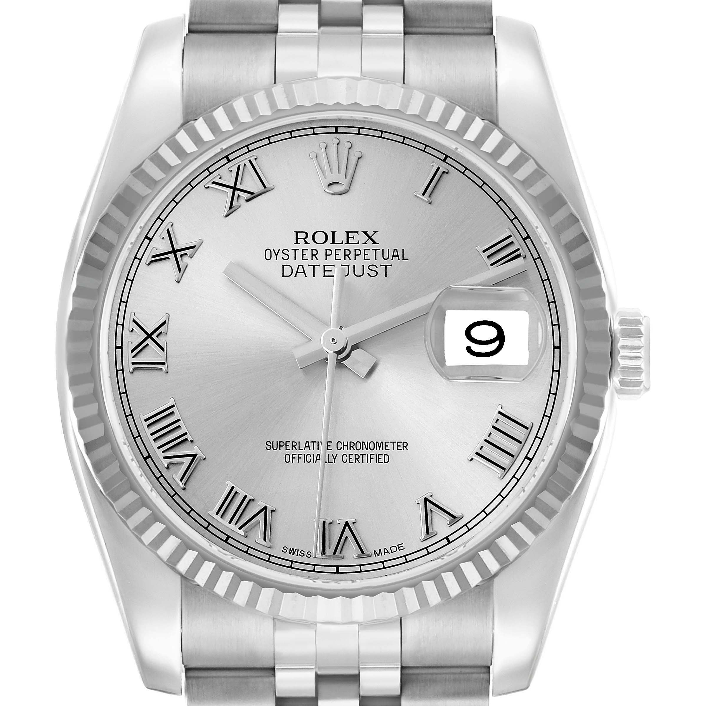 The Rolex Datejust 116234 Men
s Stainless Steel Silver Dial watch is shown from the front, highlighting the dial, bezel, crown, and bracelet.
